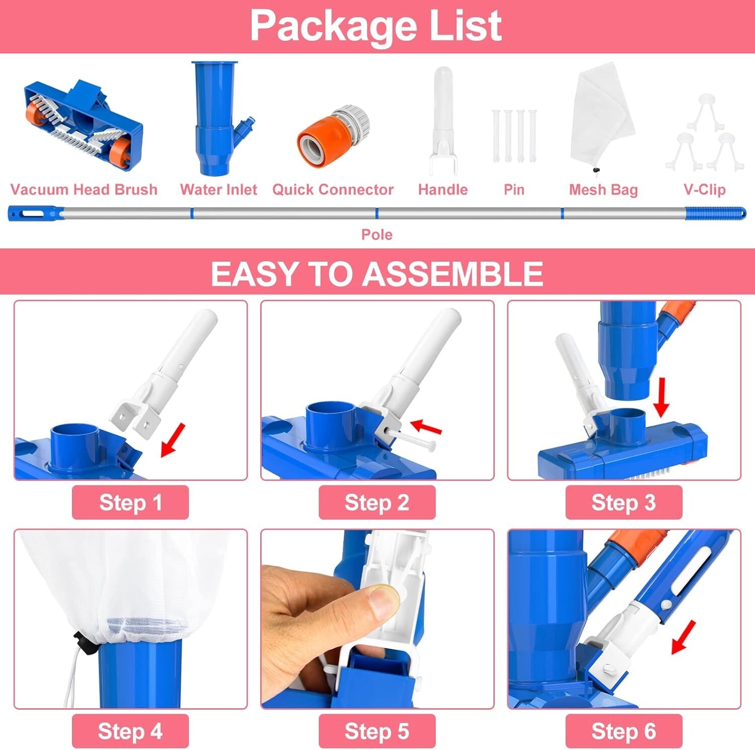 Upgraded 4 Section Poles of 68&Prime; Portable Pool Vacuum Cleaner