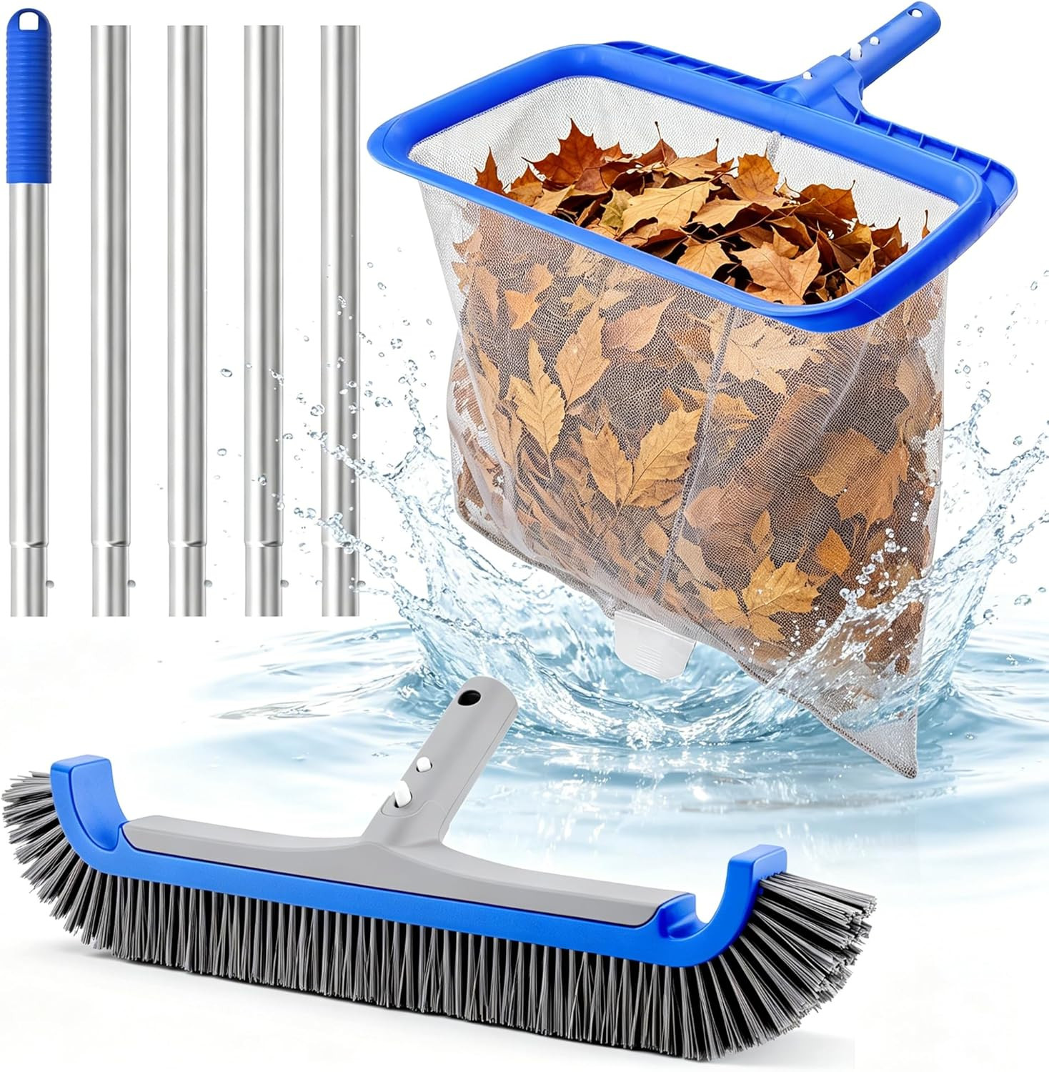 Consciot 3-In-1 Pool Cleaning Kit Includes Leaf Rake Net, Wall Brush & Pole | Da
