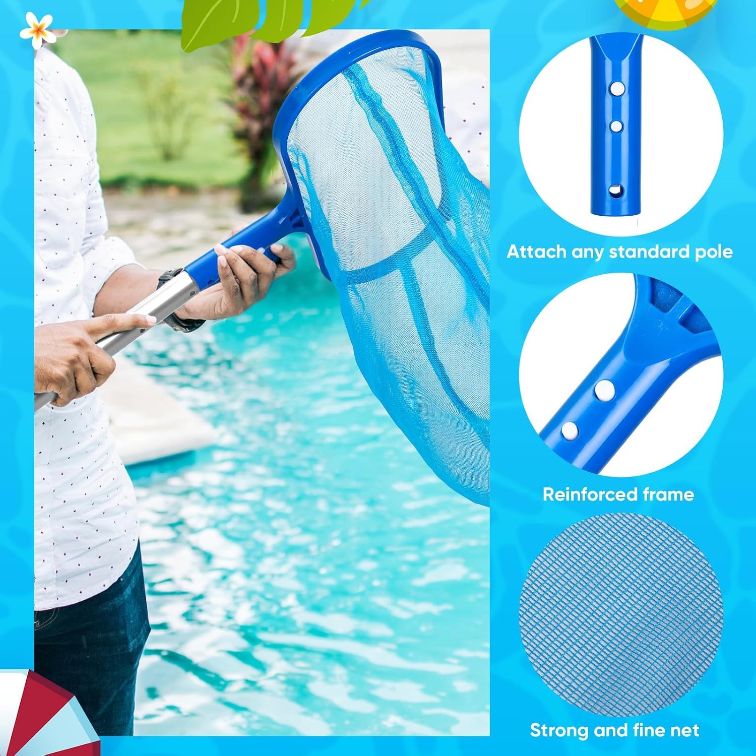 FillTouch Pool Cleaning Kit: 3 Skimmer Nets, 3 Brushes, Pole