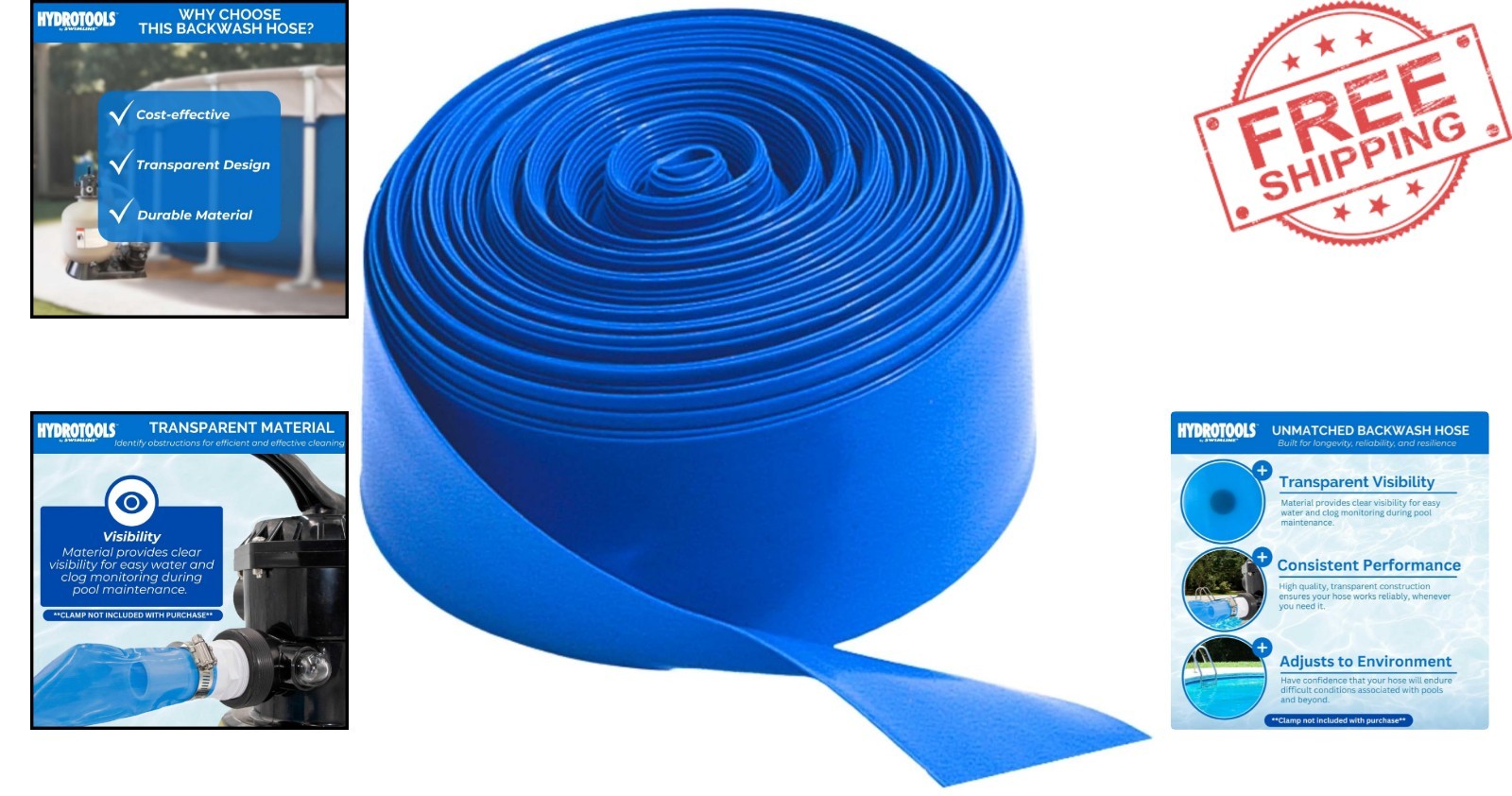 HYDROTOOLS 50ft Kink-Free PVC Backwash Hose for Pool Maintenance | Heavy Duty