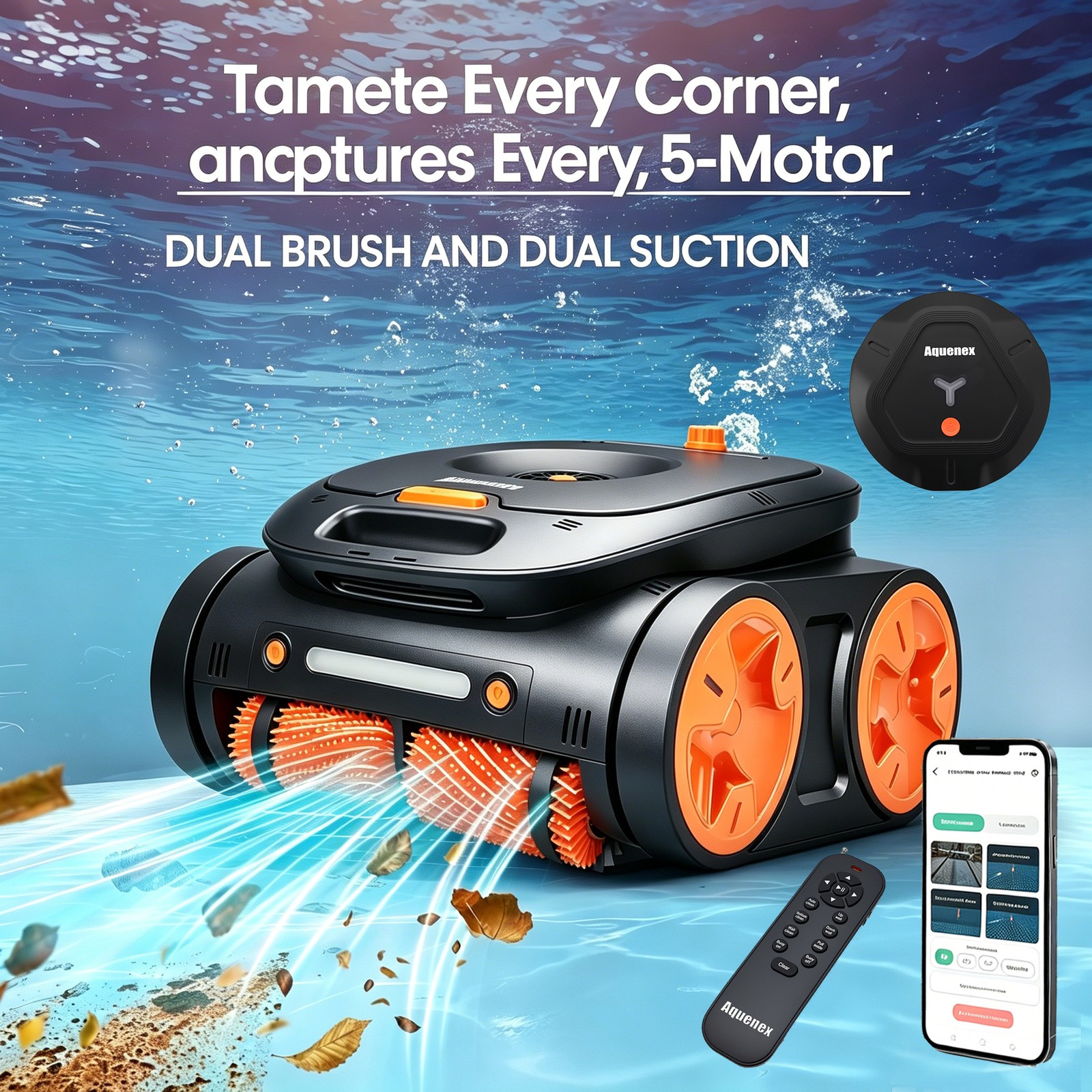 Cordless Robotic Pool Cleaner Wall Climbing Waterline 5-Motor App,Remote Control