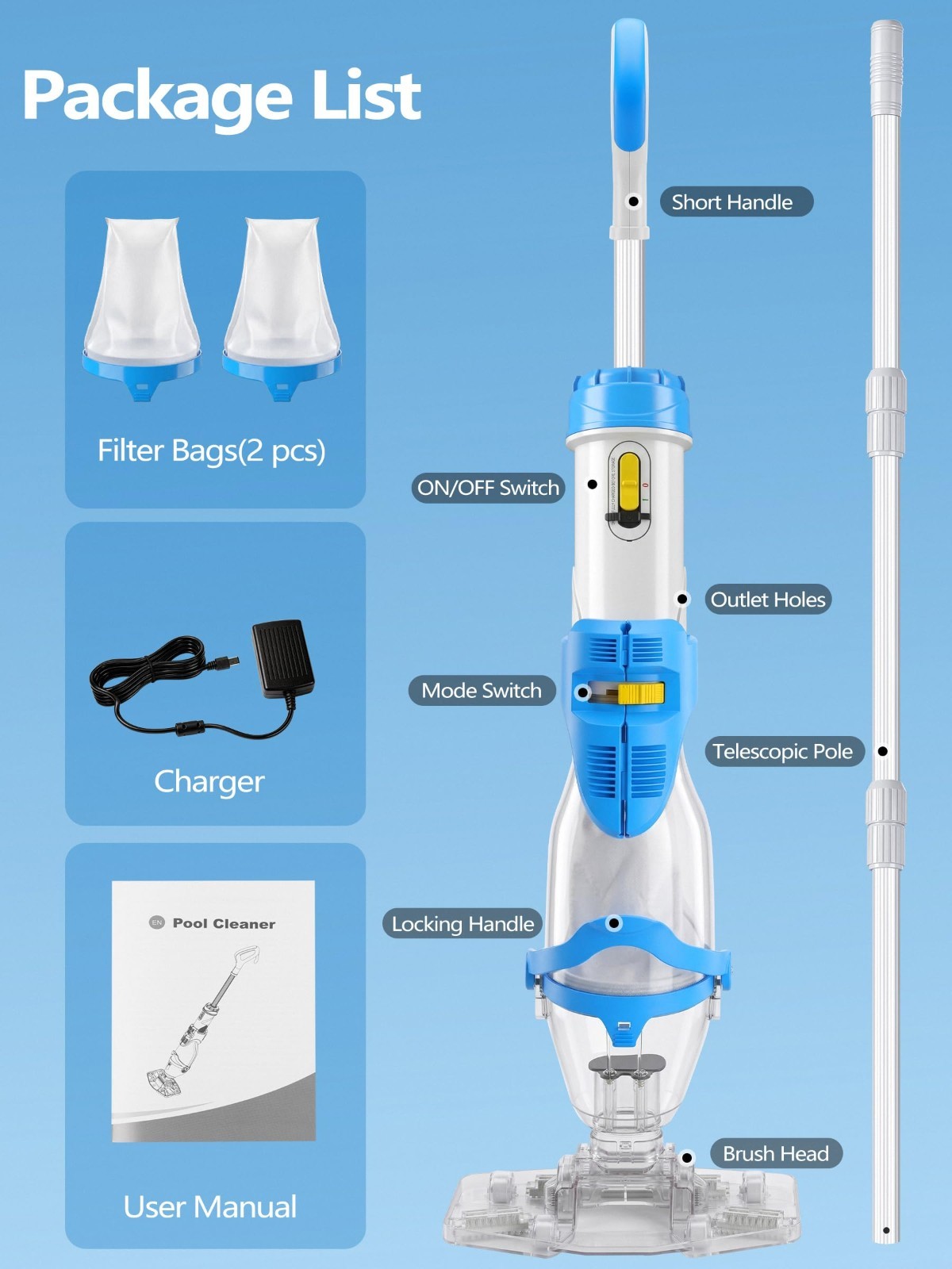 Cordless Pool Vacuum for Inground & Above Ground Pools, 19 GPM Suction, 70 Min R