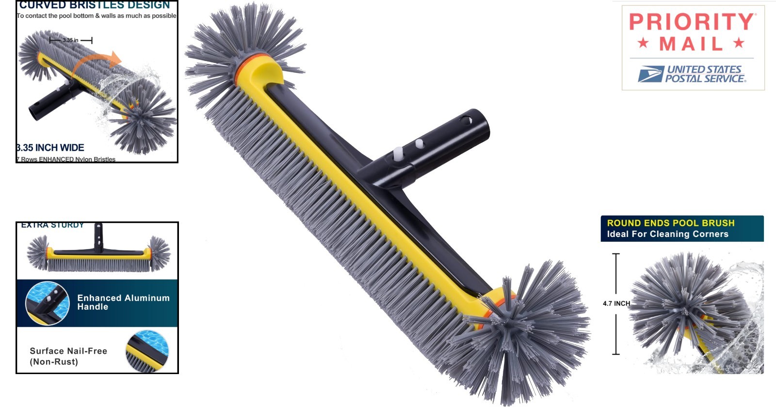 360 Degree Pool Brush Head for Cleaning Walls Floors and Corners Yellow Nylon