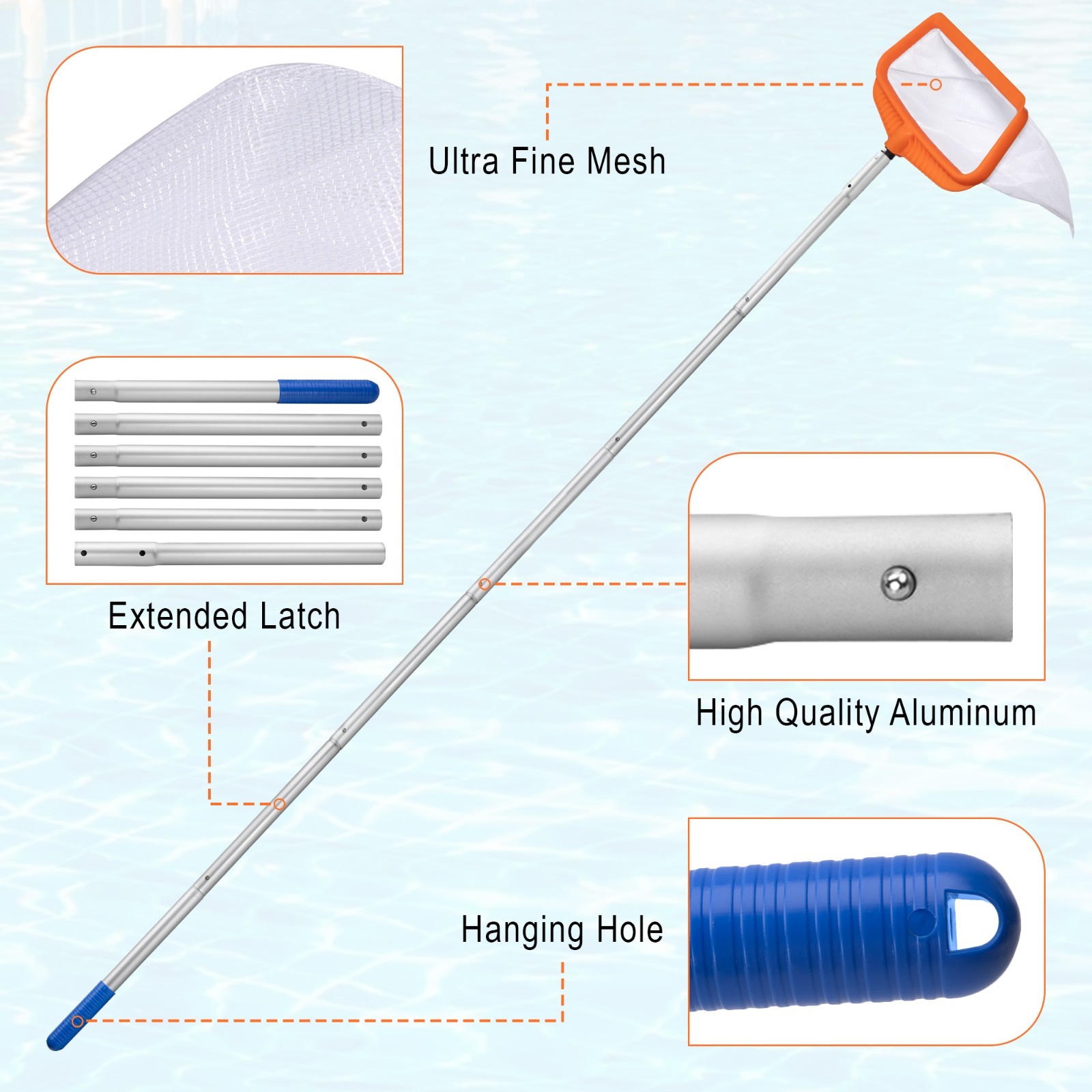Pool Cleaning Kit, 7.5Ft Aluminum Telescoping Pole with Skimmer Net, Pool Mainte