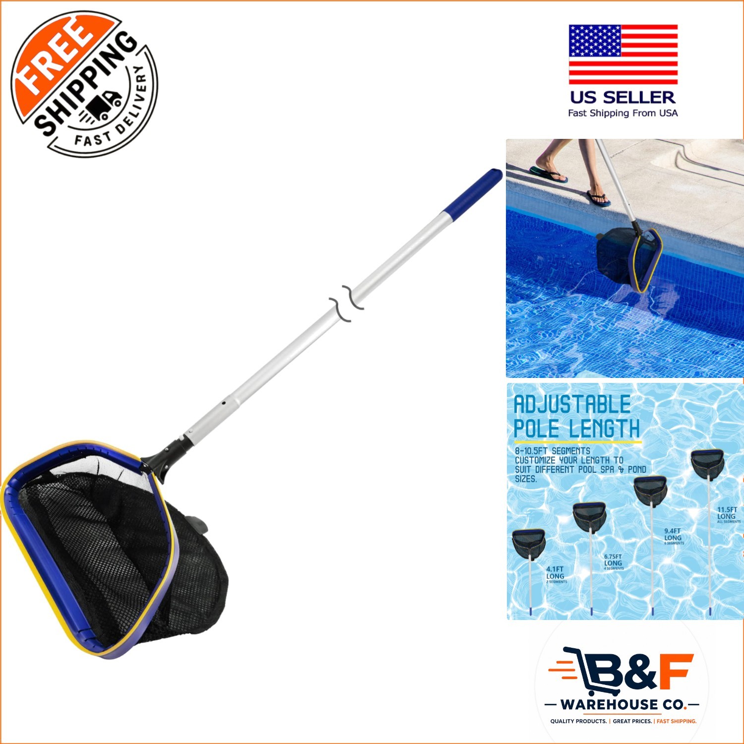 Professional Grade Pool Rake Net with Fine Mesh, 3ft-10ft Adjustable Handle