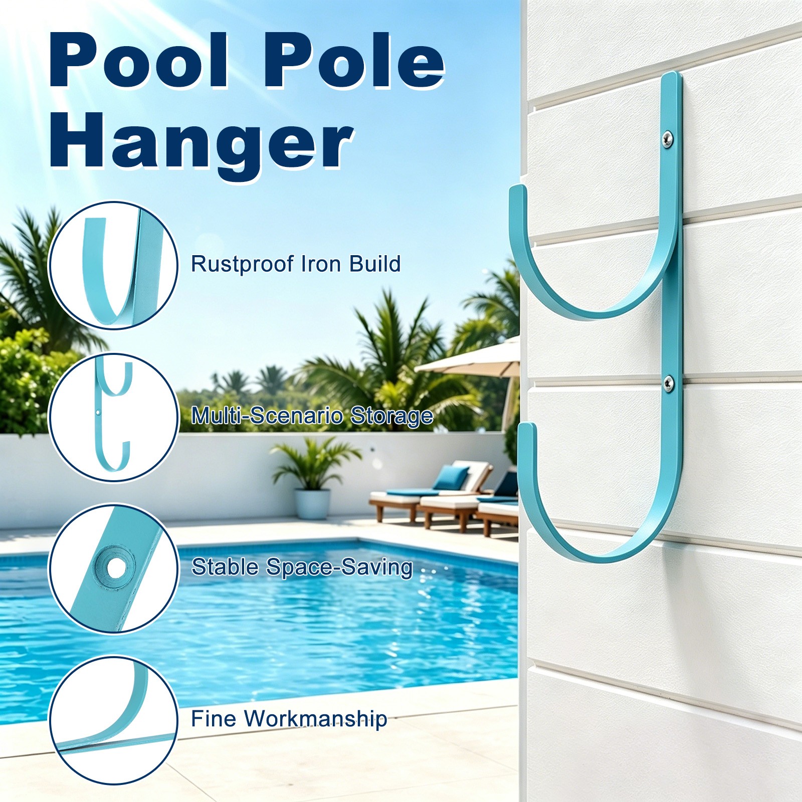 2-Pack Pool Pole Hanger, Iron Pool Hooks with Screws for Garden Tools [Blue]