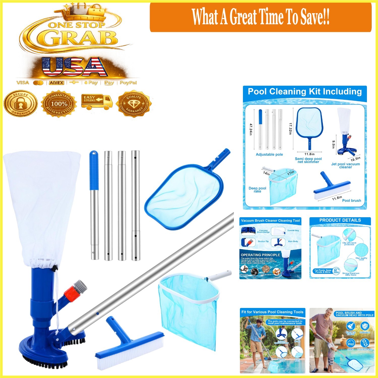5 Pcs Pool Cleaning Kit Jet Vacuum Skimmer Nets Brush Pole Above Ground Spa