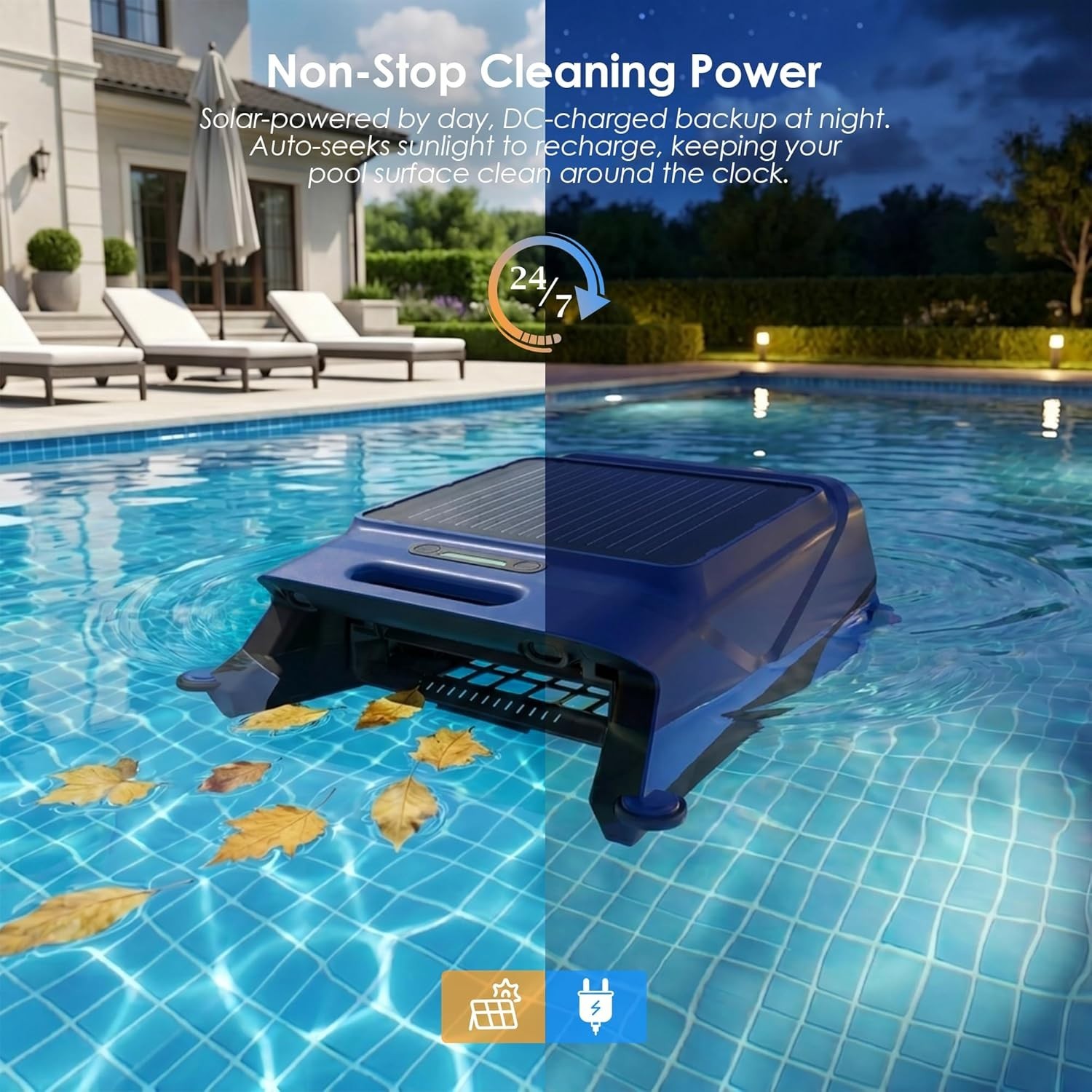 V12 Solar Pool Skimmer Robot Automatic Surface Cleaner App WiFi Remote Blue
