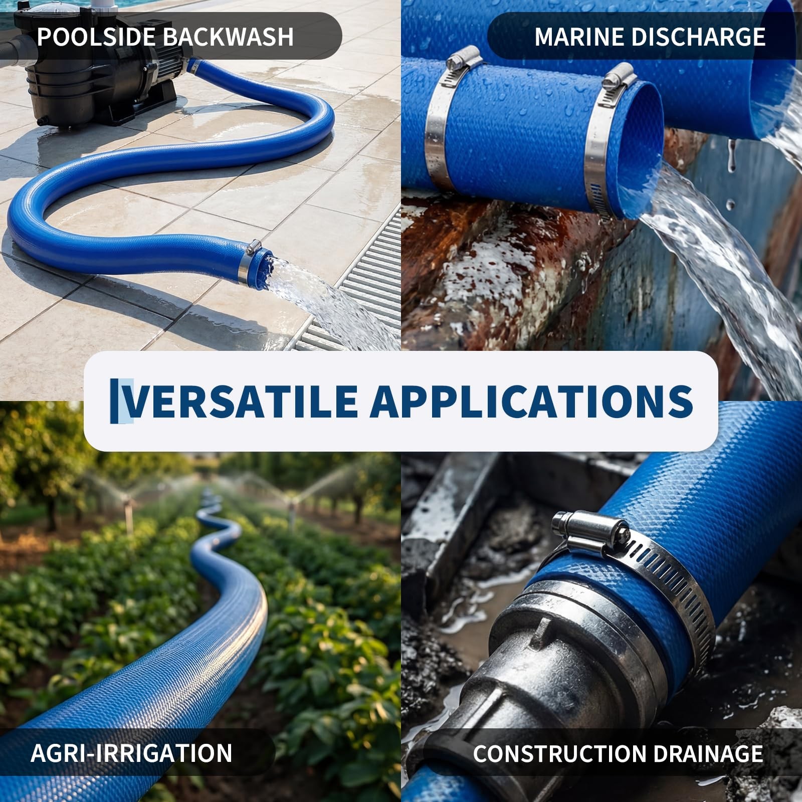 PVC Blue Pool Water Hose with Metal Clamps 2 Inch x 100 Ft Outdoor Use w/ Clamp