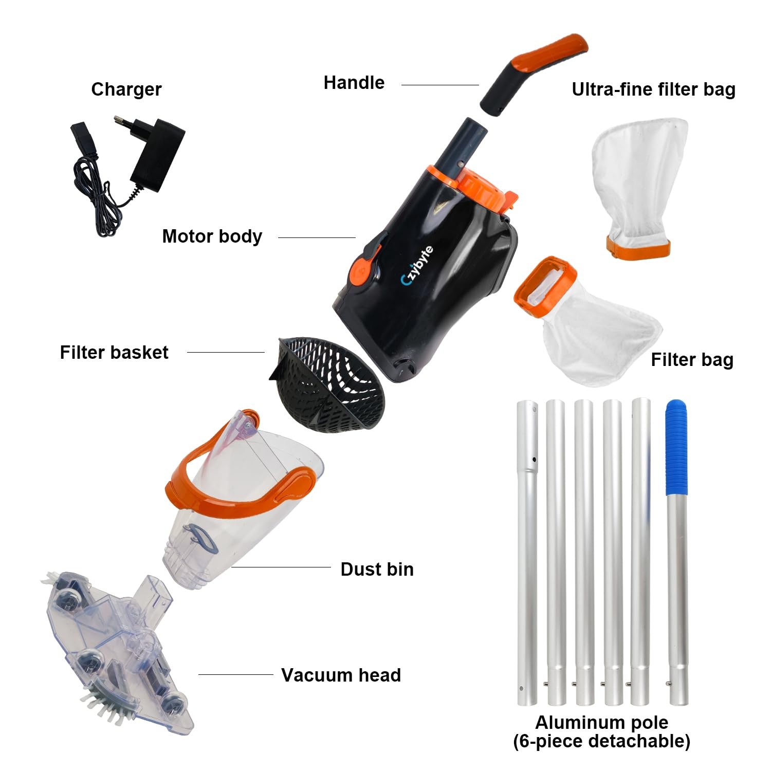 CZYBYTE Pool Vacuum Cleaner Orange 89 Inch Pole