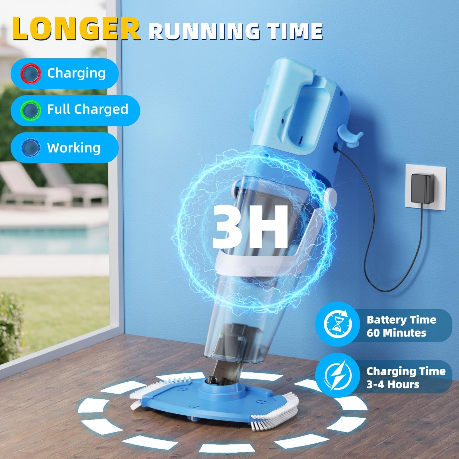 Cordless Pool Vacuum with Telescopic Pole, 26.5 gallons/min Powerful Suction,…