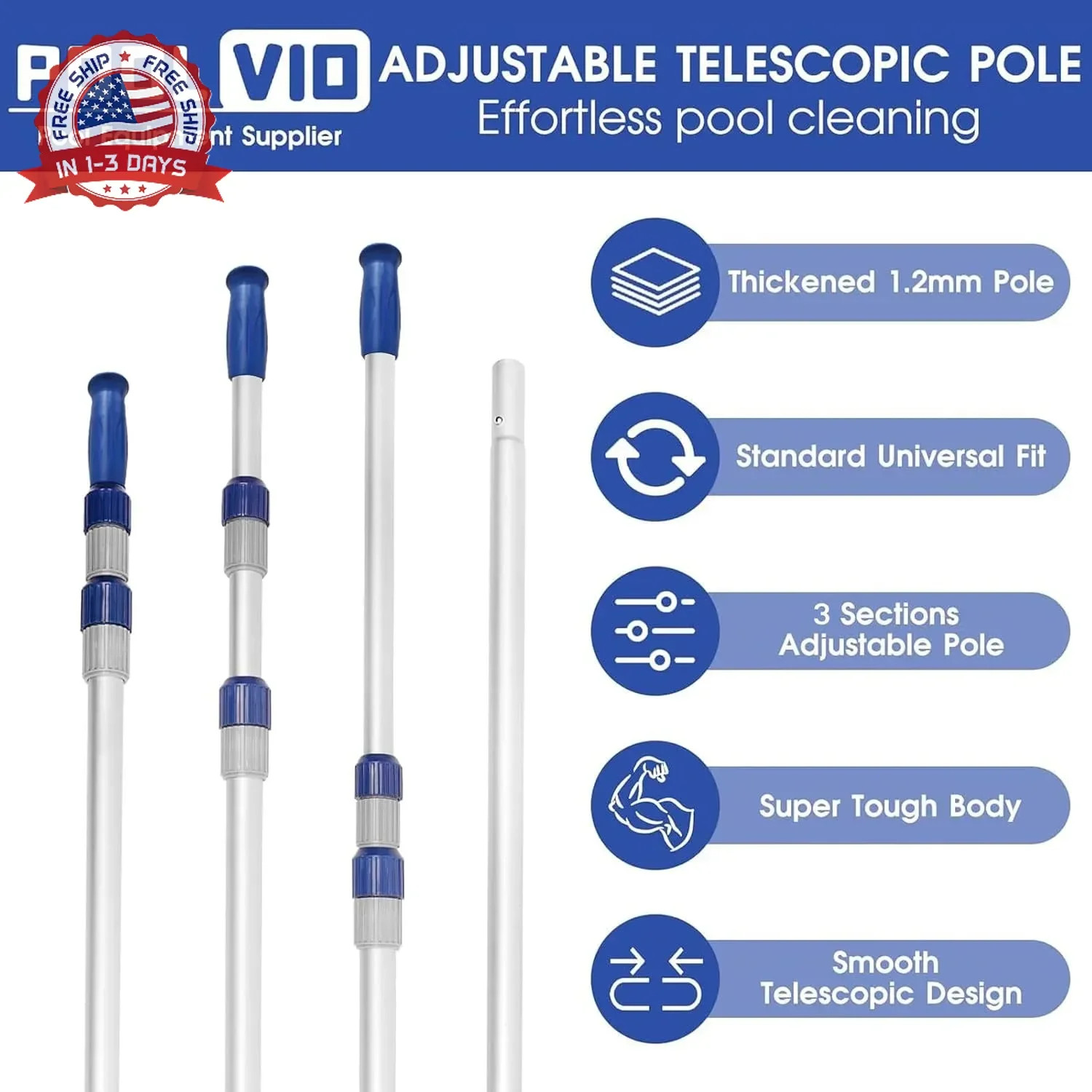 Poolvio 15 FT Telescopic Pool Pole – Adjustable 3 Piece Aluminum Pool Skimmer Po