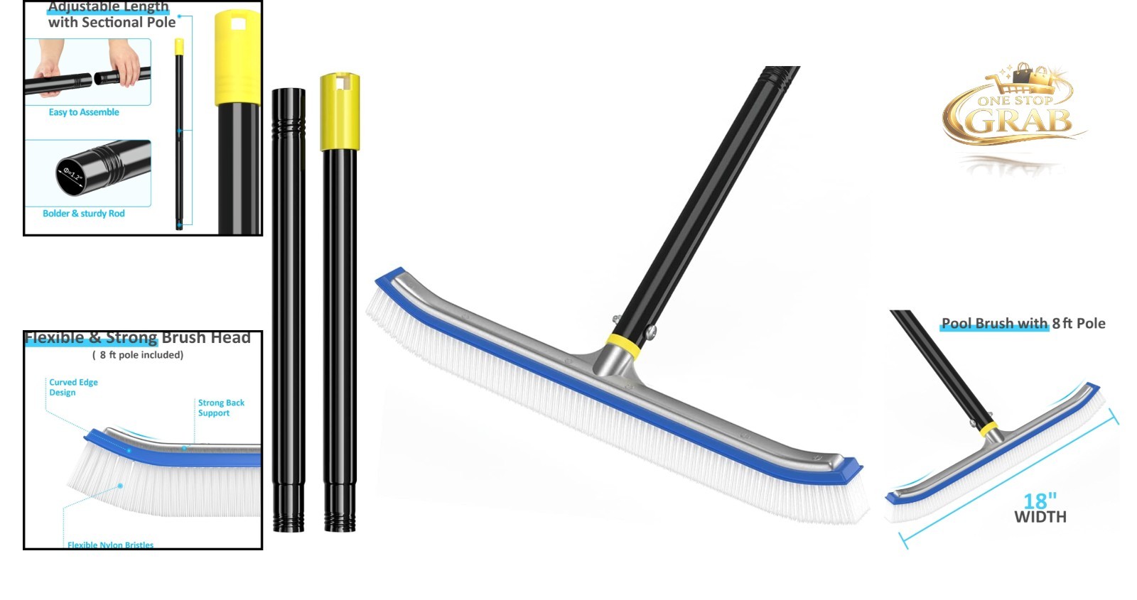 Pool Brush with Pole 8Ft, 18&Prime; Nylon Wall Cleaner for Inground & Above Ground …