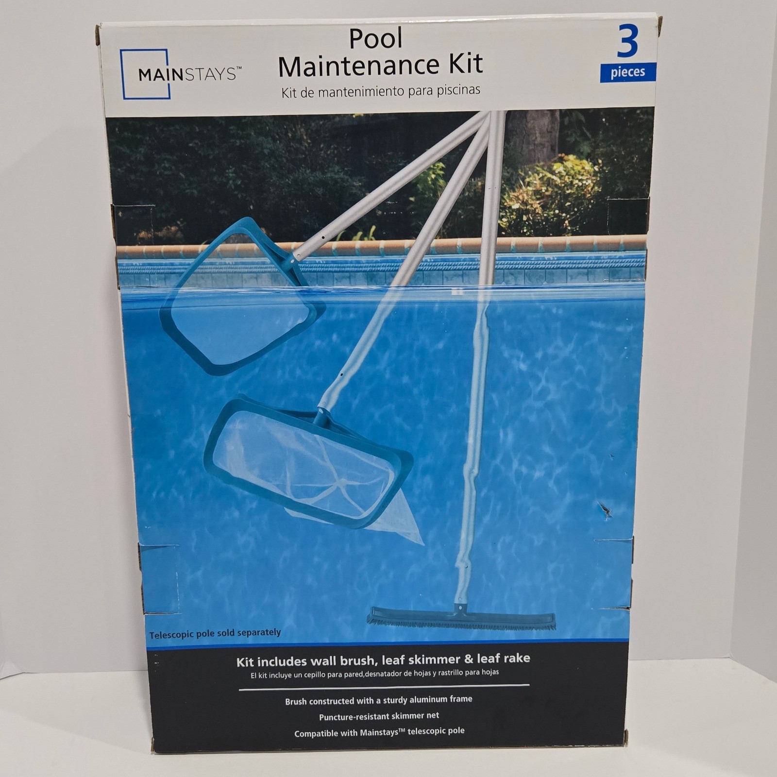 Mainstays Pool Maintenance Kit 3 Piece Wall Brush Leaf Skimmer Rake