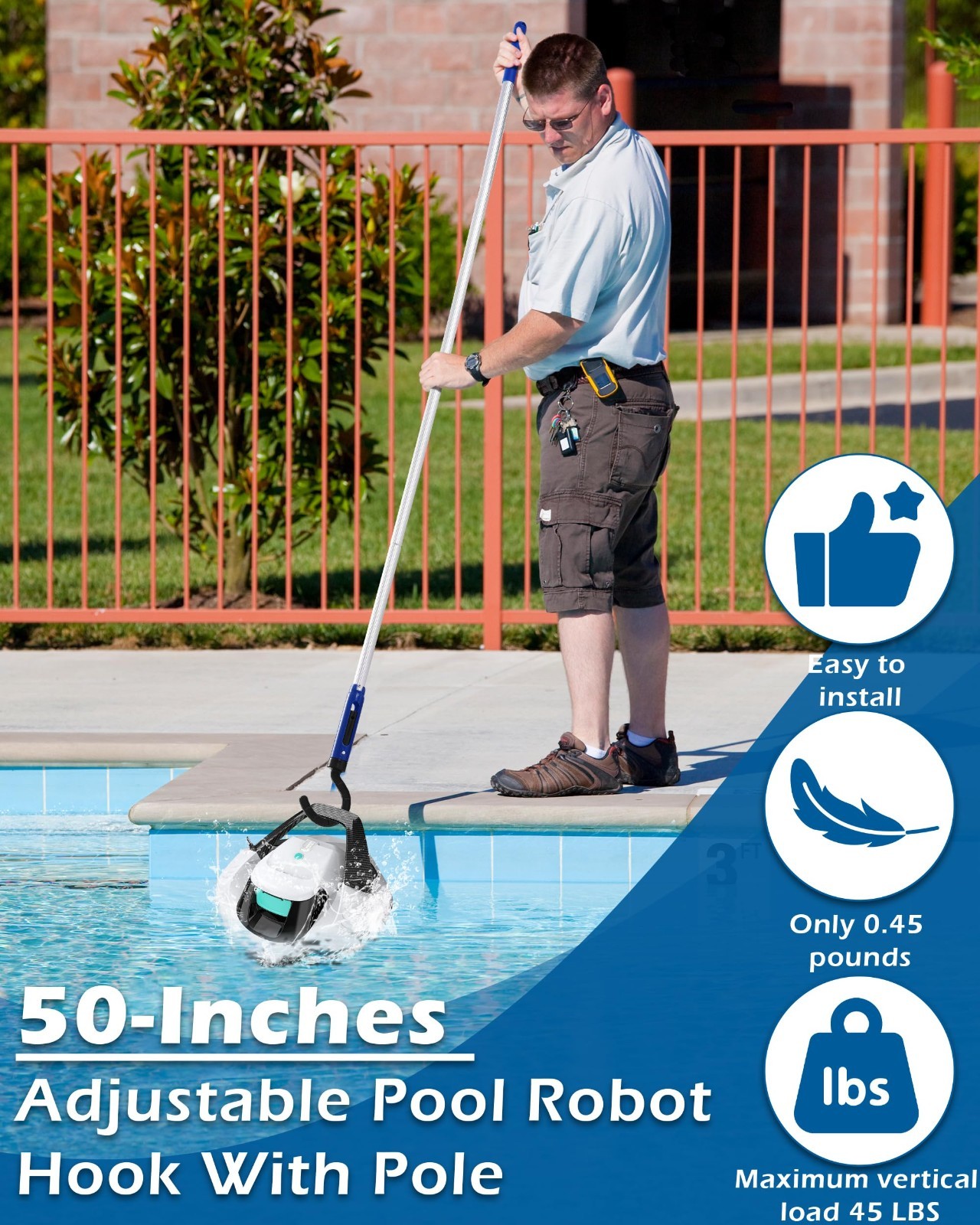 Adjustable Pool Robot Retrieval Hook – 63.8&Prime; Heavy-Duty Aluminum Pole, Detachabl