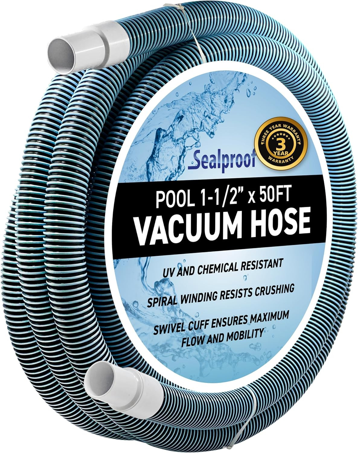 Swimming Pool Vacuum Hose 1-1/2&Prime; X 50-Ft, Swivel Cuff Kinkproof Design, Made in