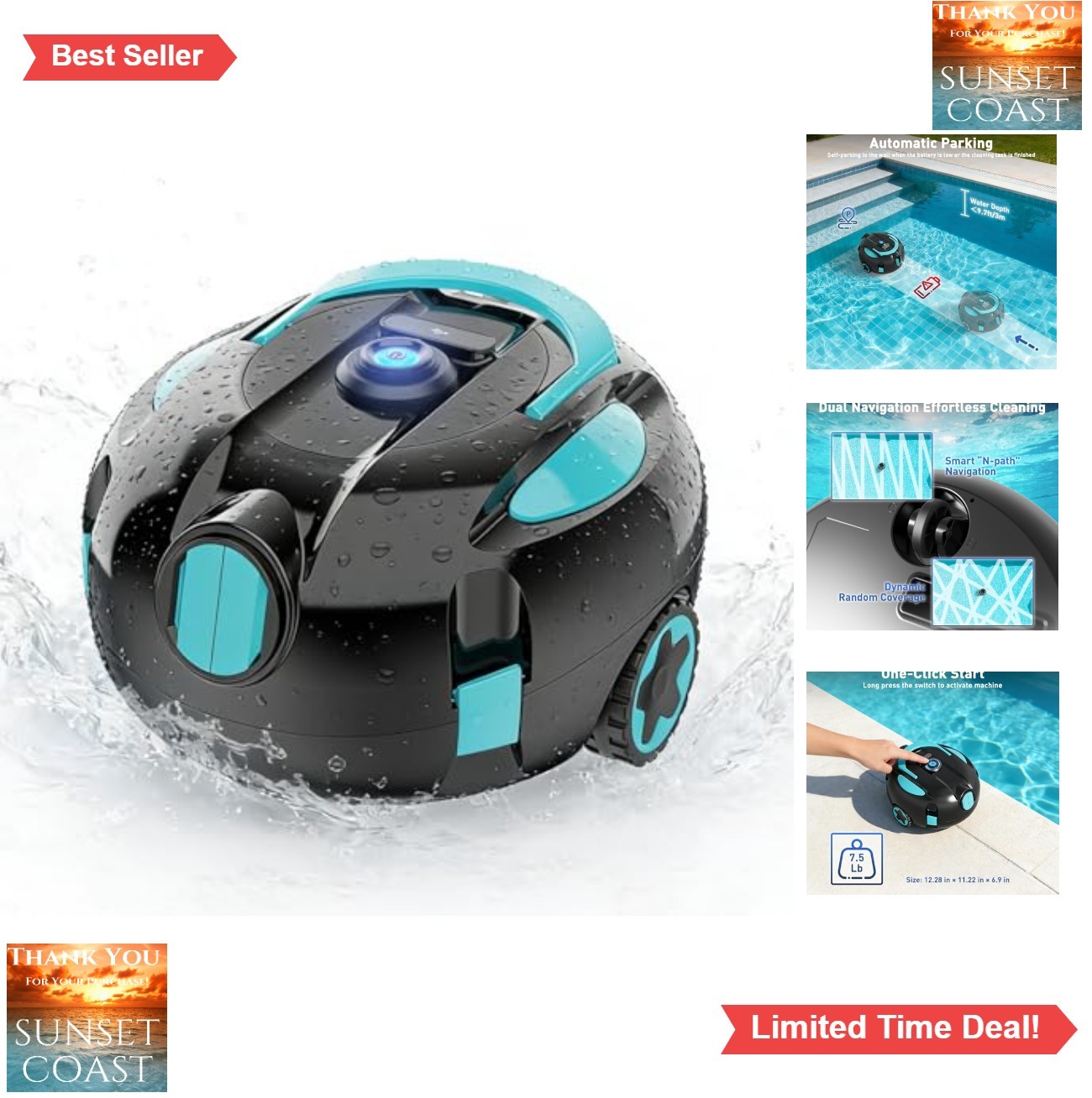 Robotic Pool Cleaner Cordless Dual Suction 5200mAh Battery 130 Min Auto Park