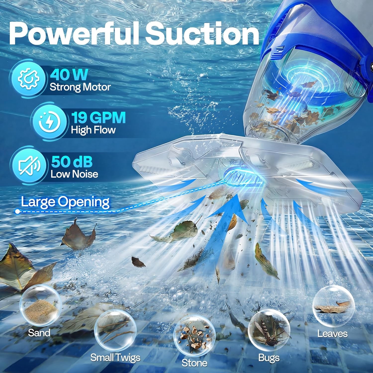 1140GPH Handheld Pool Vacuum Cordless Cleaner Powerful 40W Motor Suction