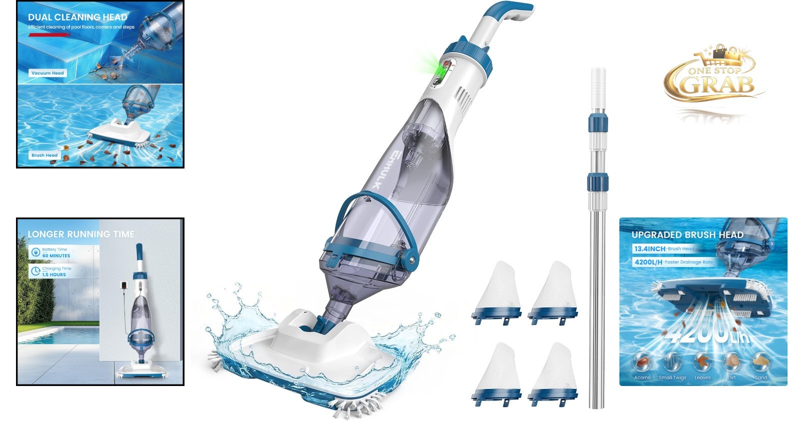 Rechargeable Pool Vacuum for Above Ground Inground Pools 13.4&Prime; Head 18.5 GPM