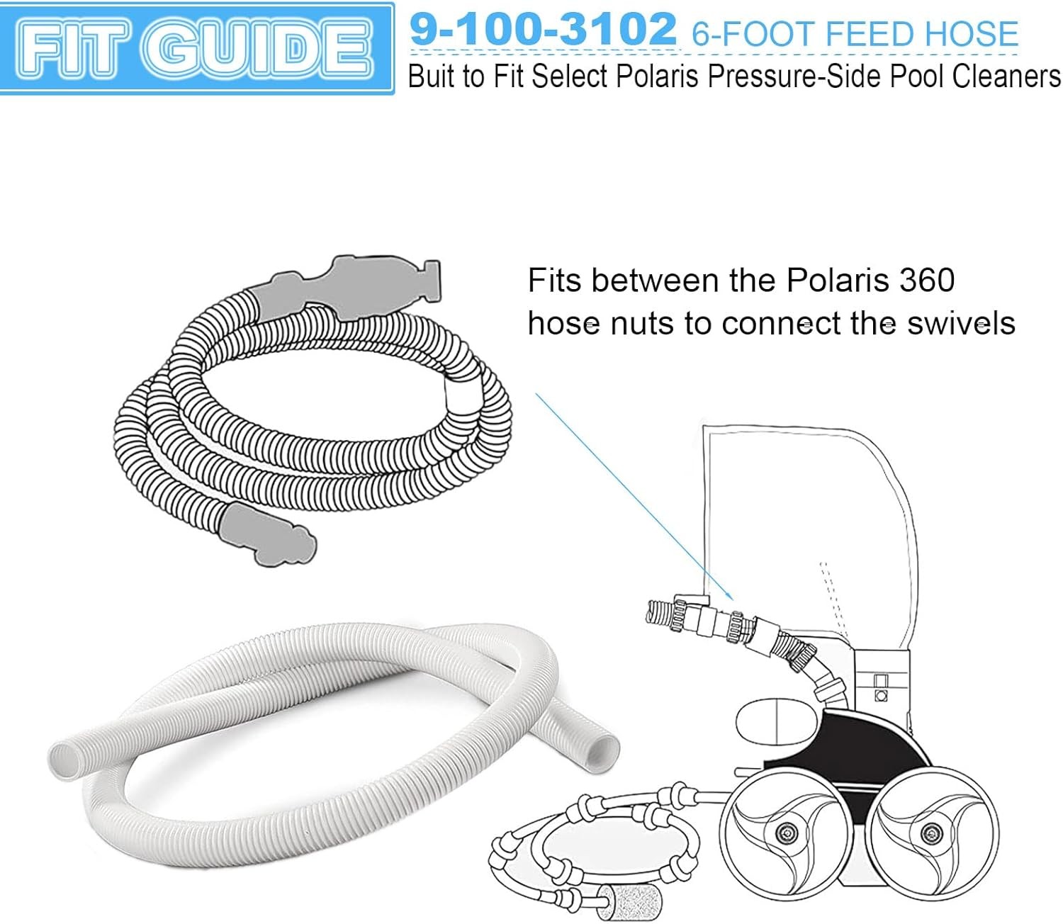 Pool Cleaner 6-Ft Cuff-less Feed Hose 9-100-3102 for Polaris 360 – 2 Pack