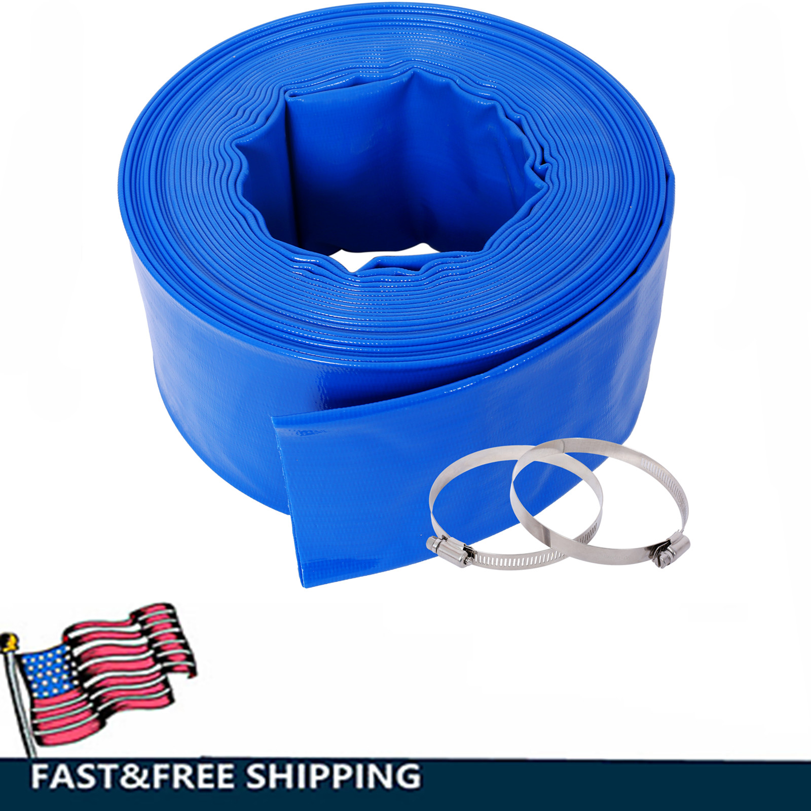 Discharge Hose 3-Inches x 50FT PVC Lay Flat Hose Backwash Drain Hose w/ Clamps