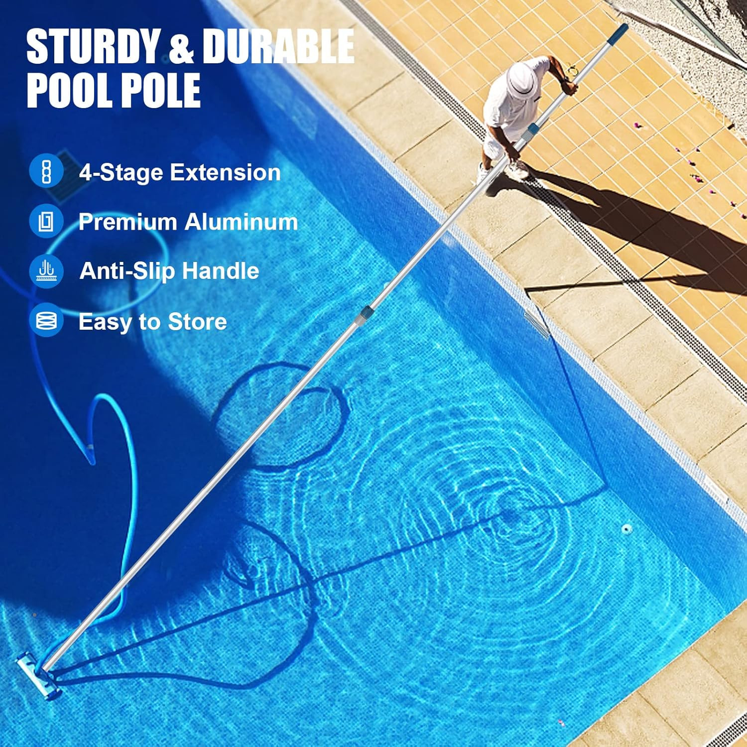 Professional 16 Foot Telescopic Aluminum Swimming Pool Pole – Attach Connect Ski