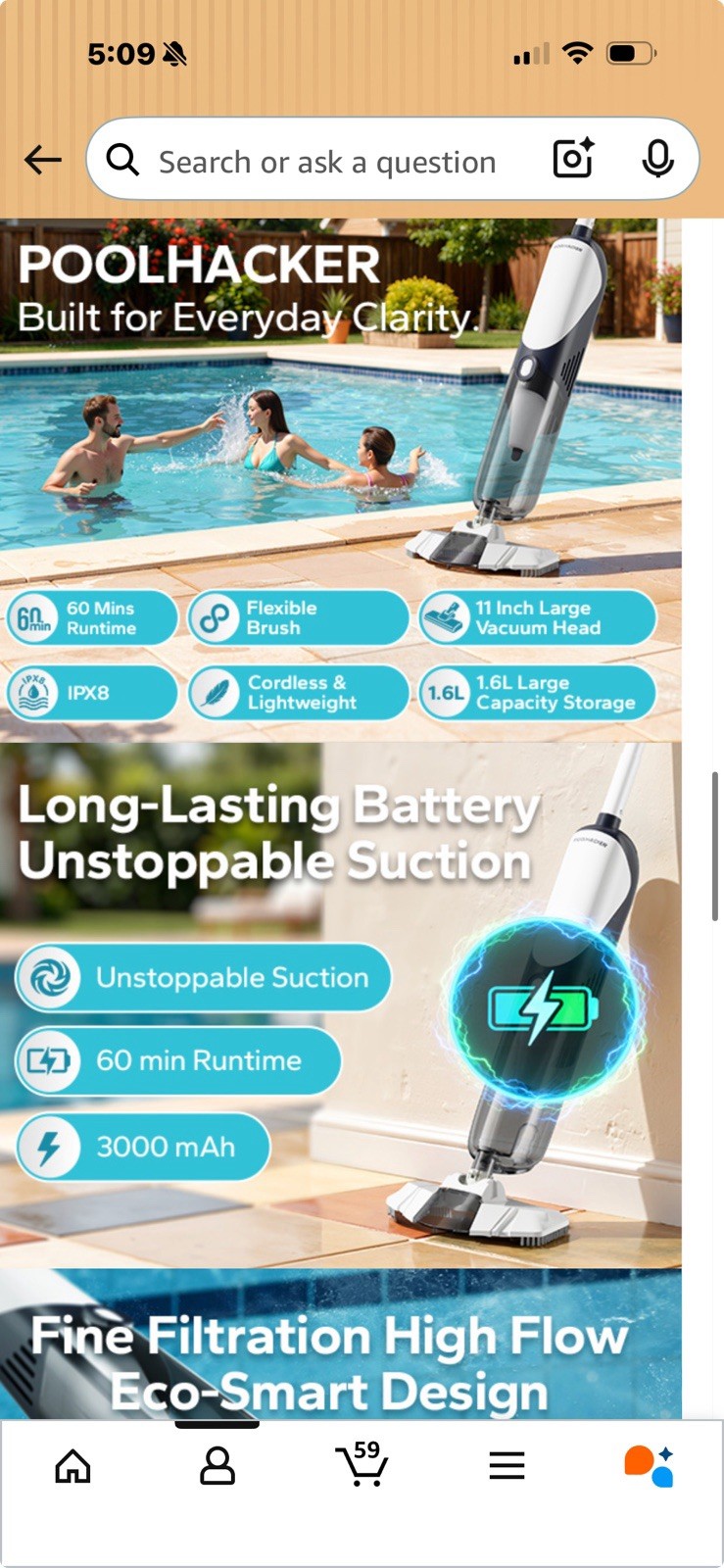 POOLHACKER Cordless Handheld Pool Vacuum, 60 min Runtime, High Flow Filtration