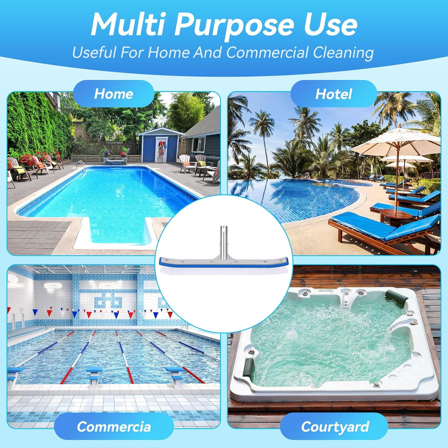 18&Prime; Heavy Duty Pool Brush Curved Plastic Bristles for Walls Tiles Floors Steps