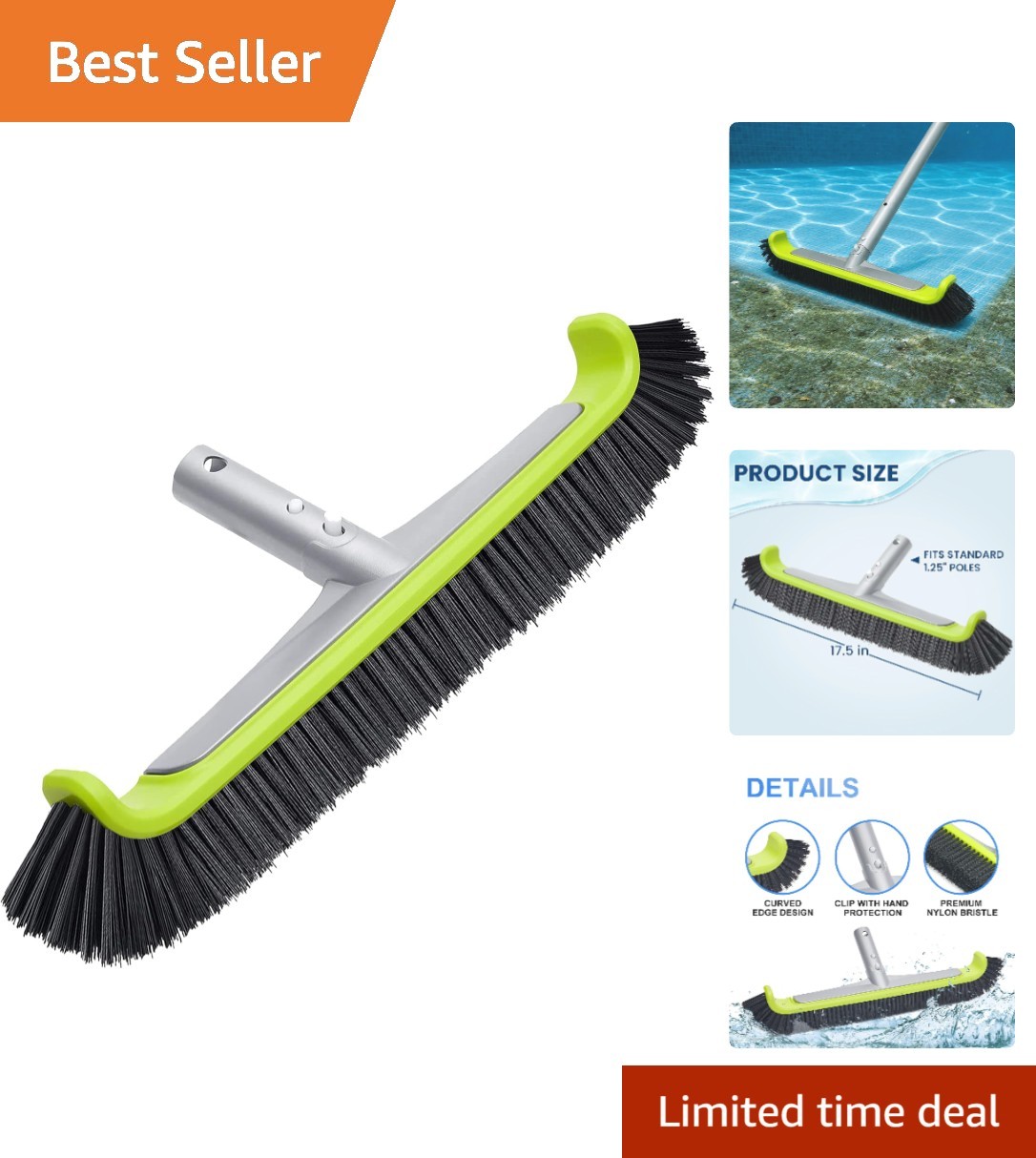 Heavy-Duty 17.5&Prime; Pool Wall Brush with Reinforced Aluminum Handle