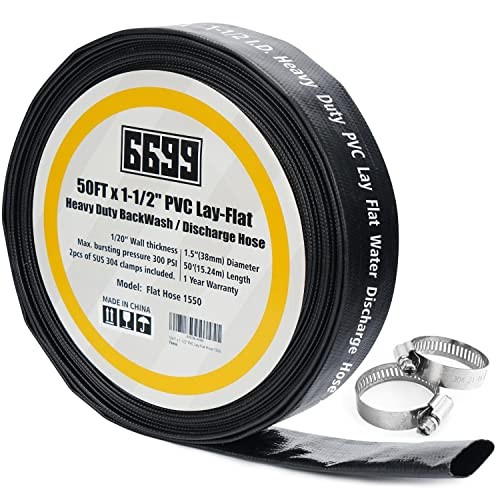 Heavy Duty Discharge Hose PVC Lay Flat Water Tubing with Clamps Easy to 50FT