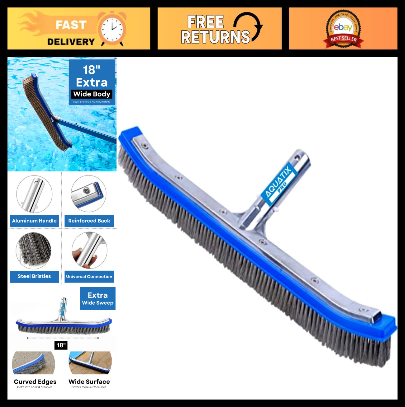 18&Prime; Heavy Duty Pool Brush Head – Stainless Steel Bristles, Curved Ends, EZ Clip,