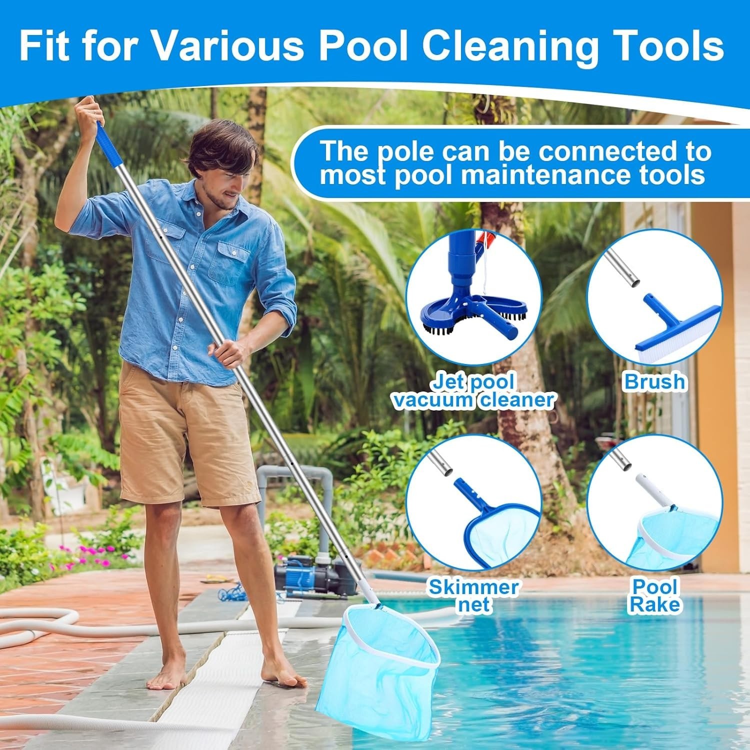 5 Pcs Pool Cleaning Kit Jet Vacuum Skimmer Nets Brush Pole Above Ground Spa
