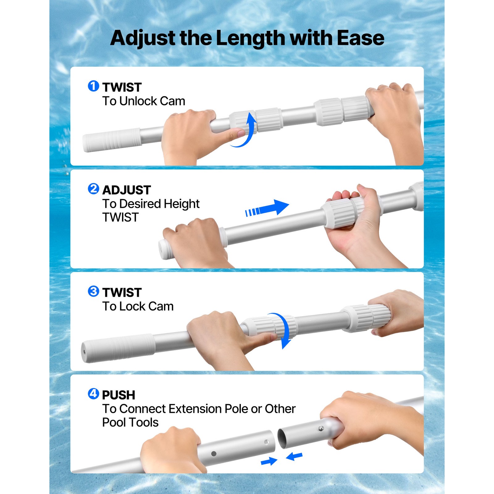 Telescopic Aluminum Pool Pole, Adjustable Length 3.4 to 15 ft with Twist Lock