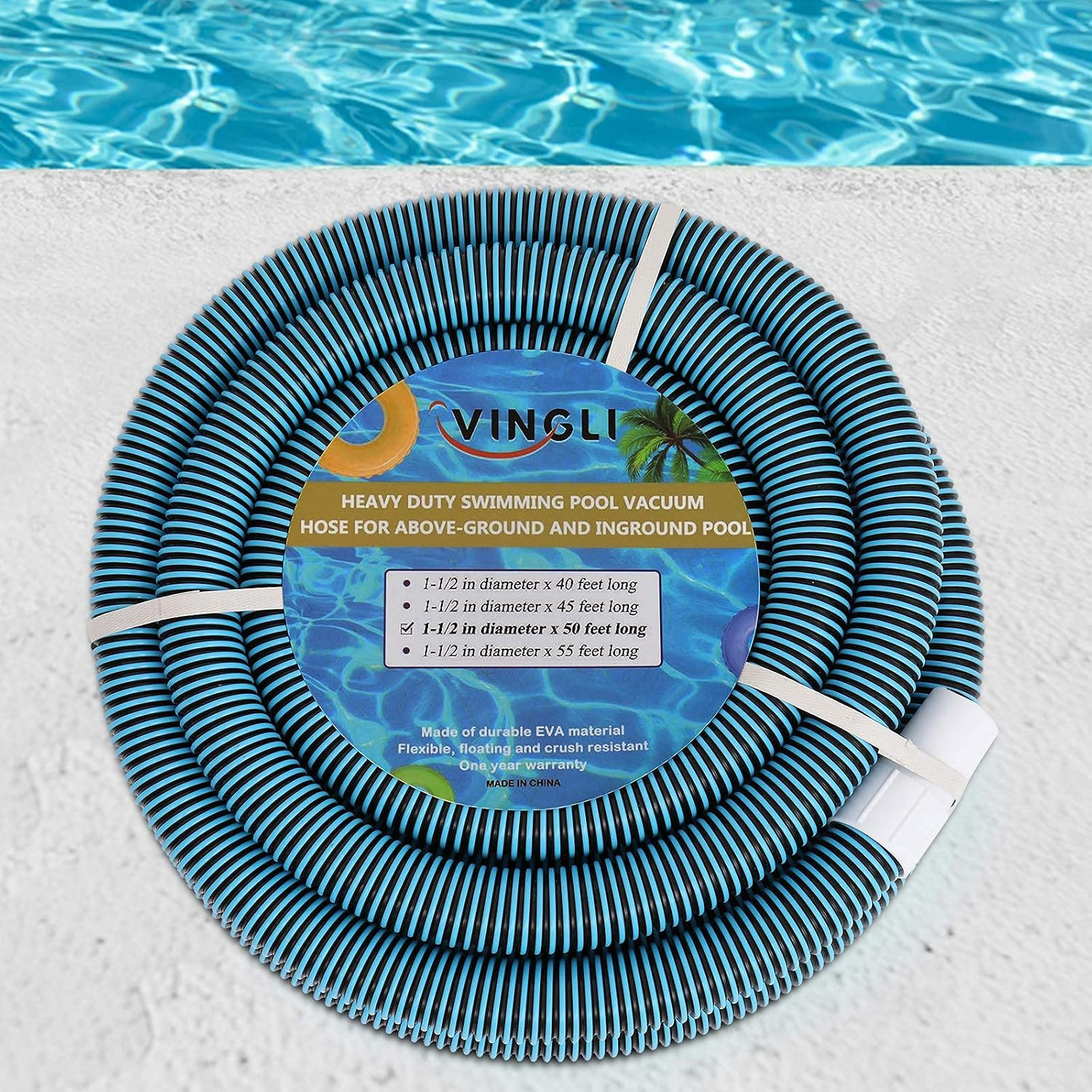 Swimming Pool Vacuum Hose, 1-1/2-Inch X 50-Feet, Blue