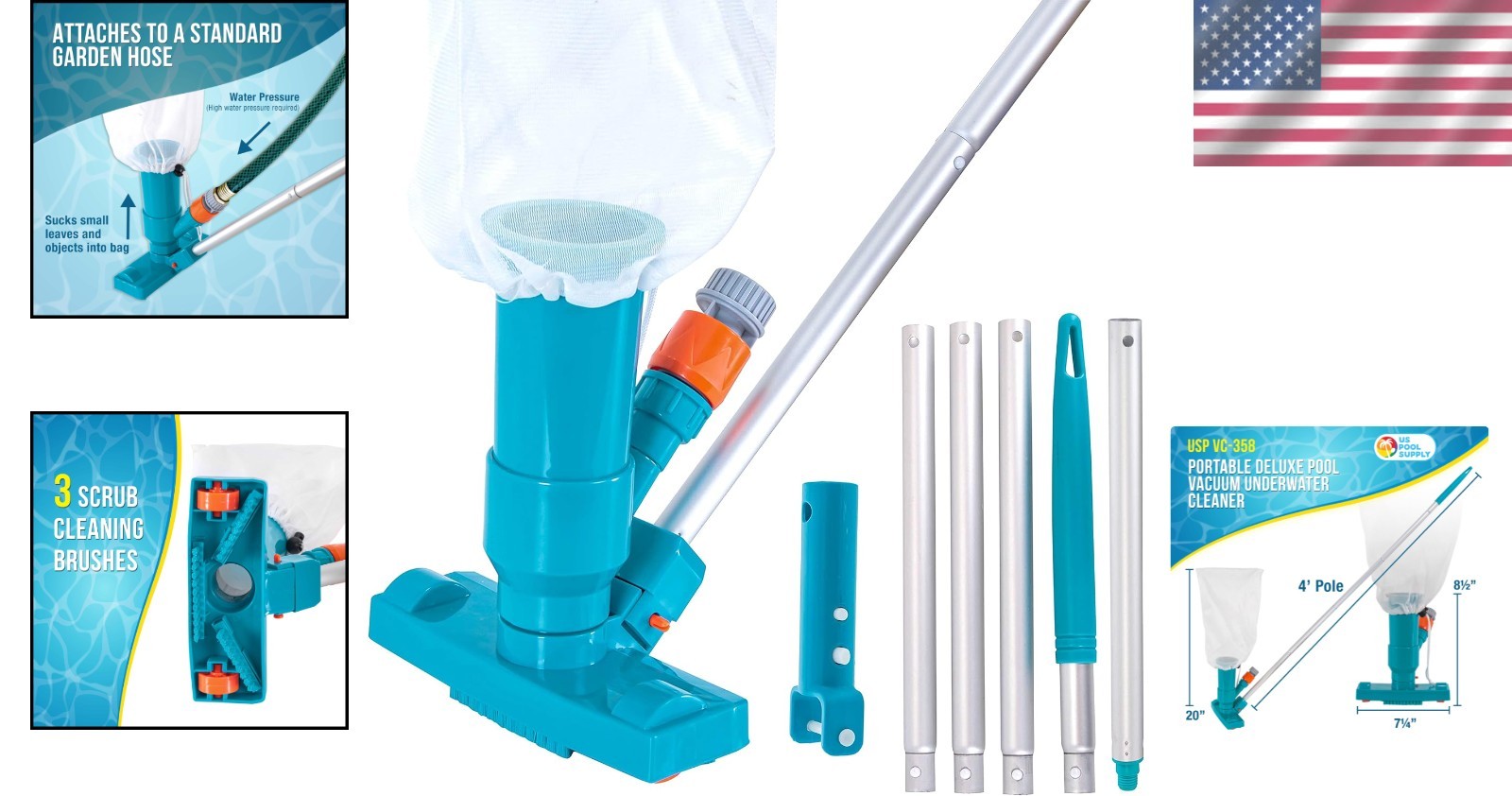 Pool Leaf Vacuum – 5 Section Pole, Telescopic Attachment