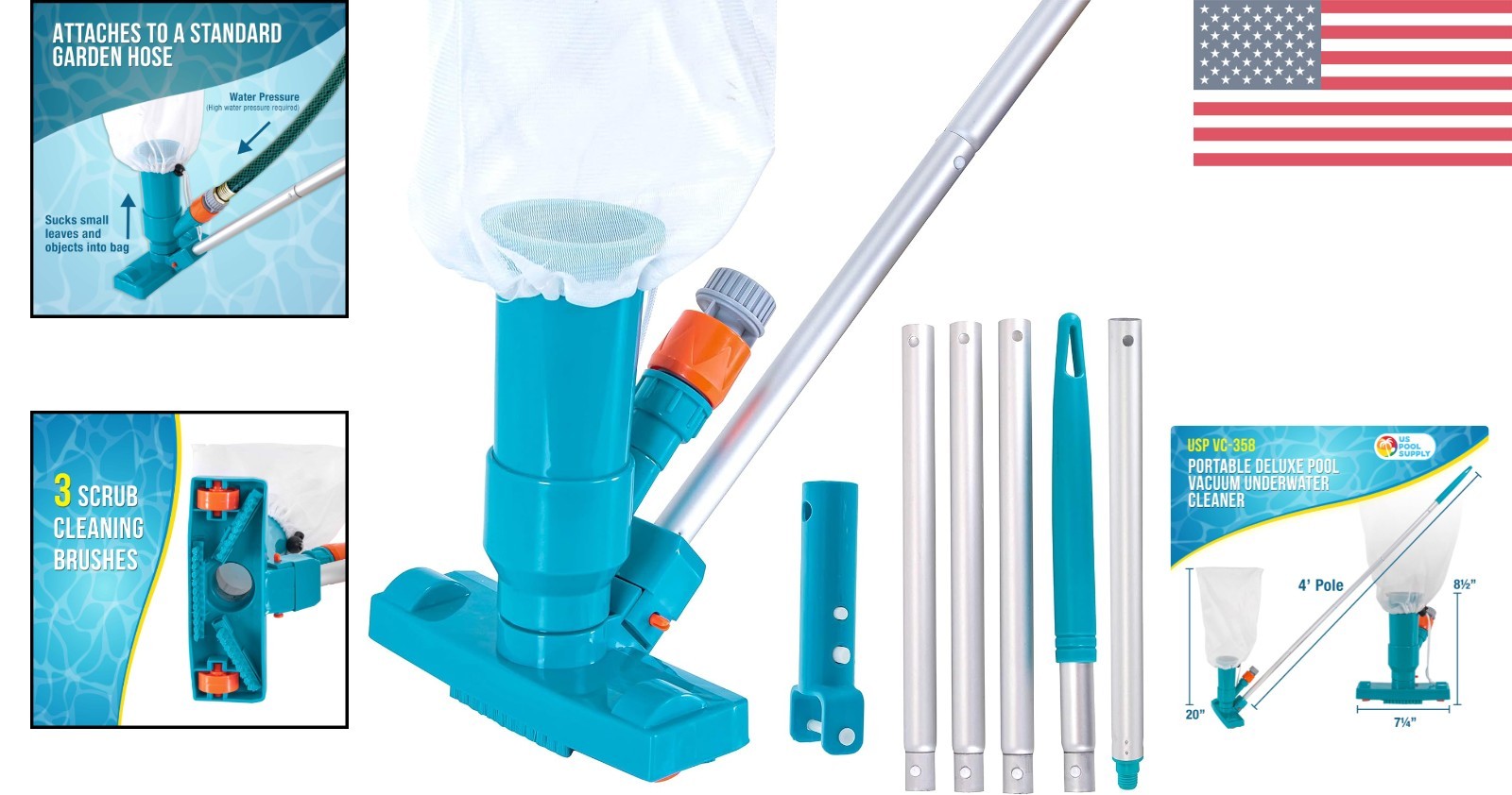Portable Above Ground Pool Vacuum Cleaner with Mesh Leaf Bag – 4ft Pole Included