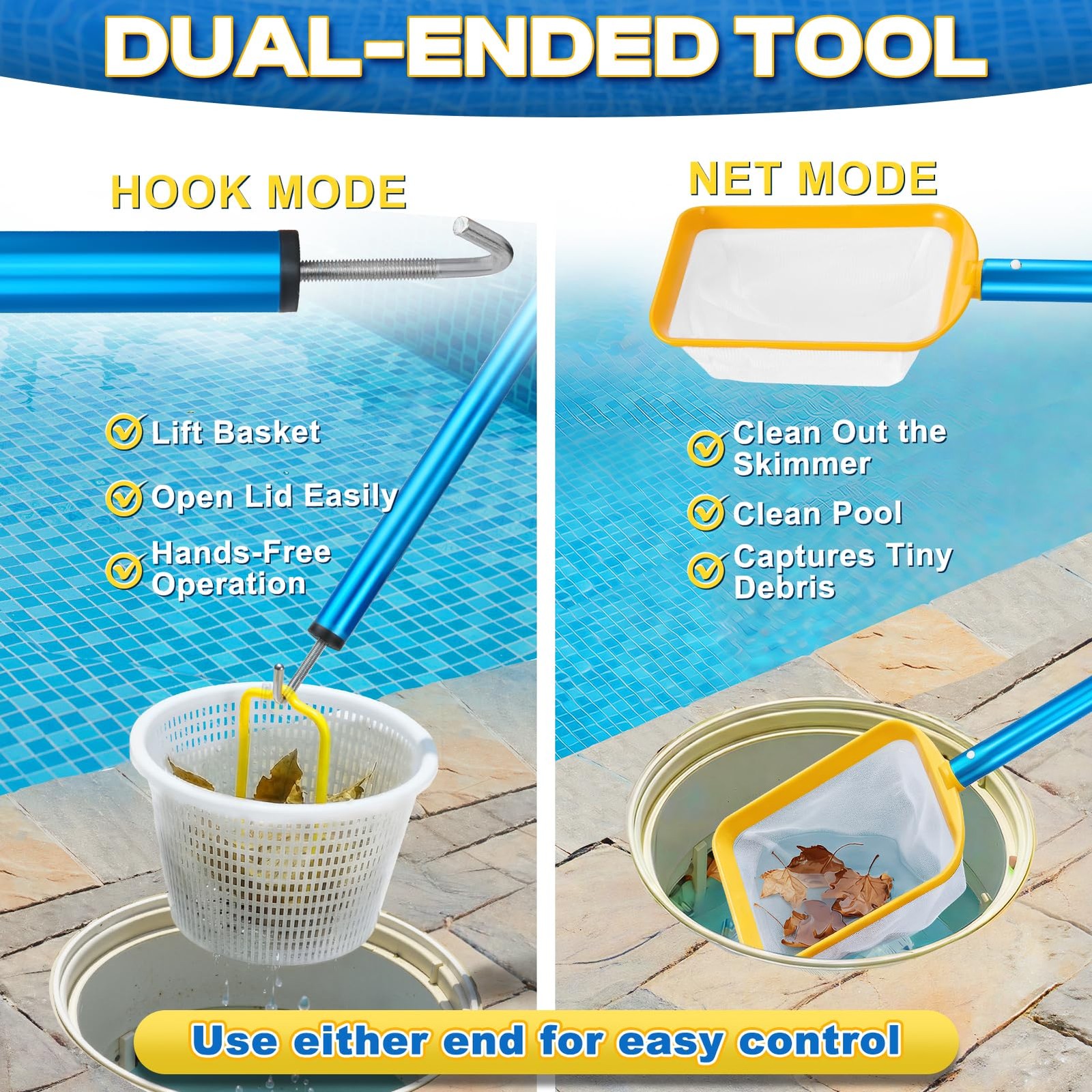 50in 2-in-1 Pool Skimmer Tool with Stainless Steel Hook and Detachable Fine M…