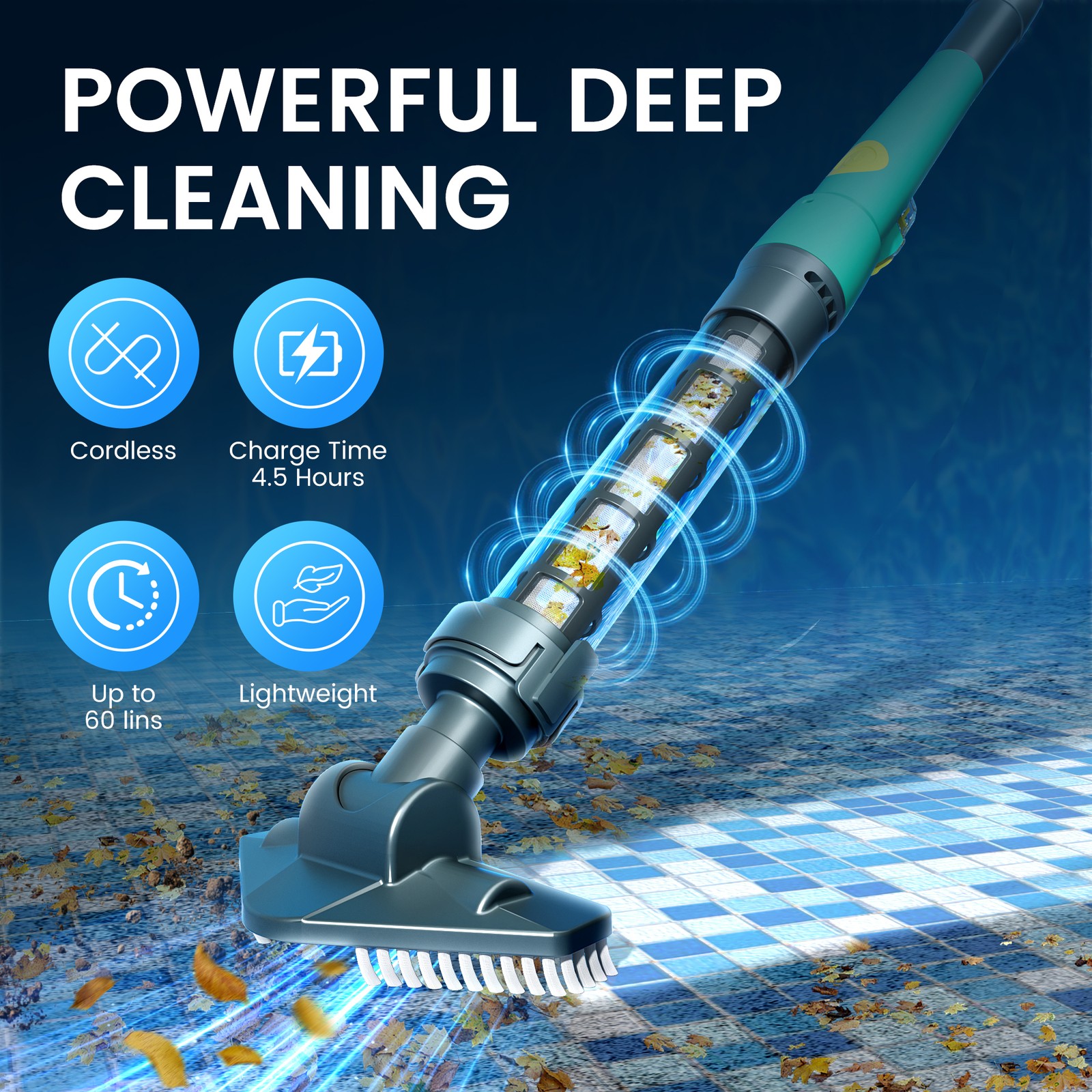 Cordless Rechargeable Pool Vacuum Handheld Cleaner IPX8 w/ Telescopic Pole 60min