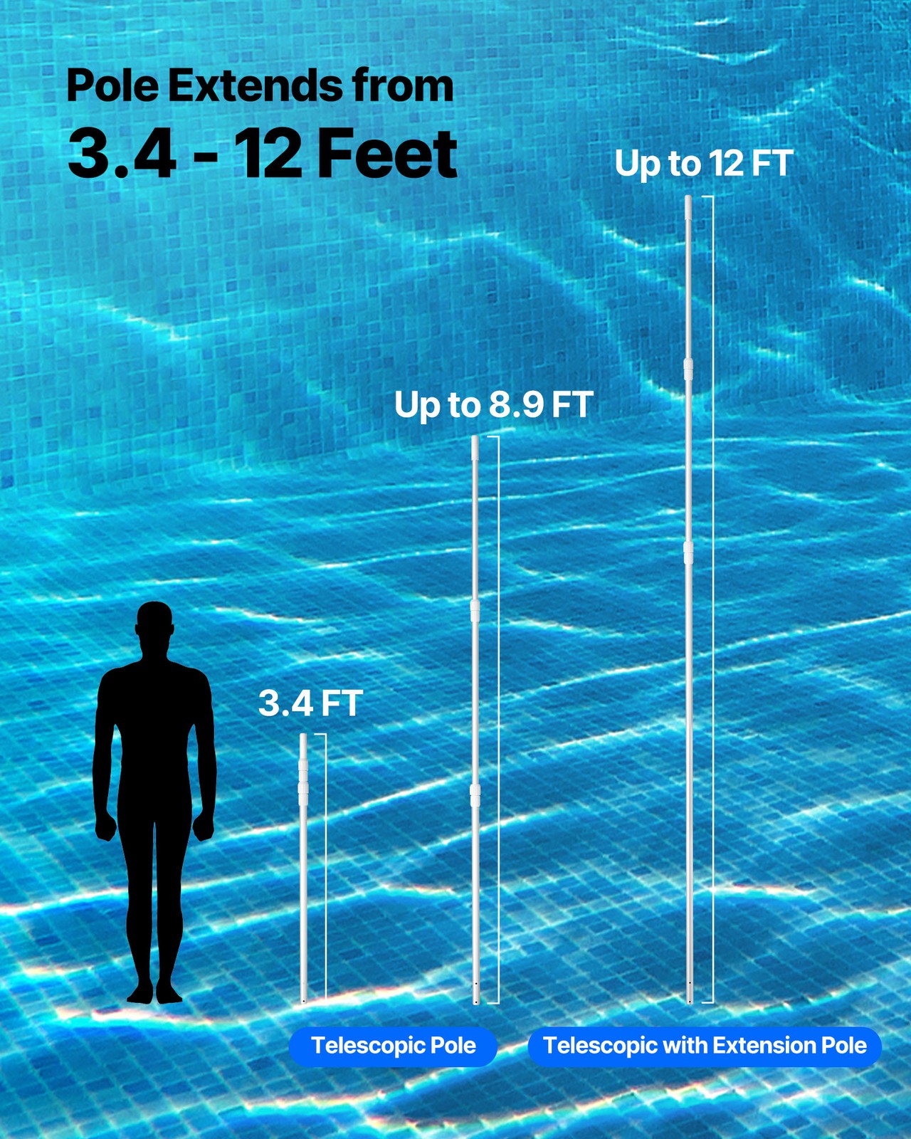 VEVOR Swimming Pool Pole 3.4 to 12 ft Telescopic Aluminum Alloy Twist Locking