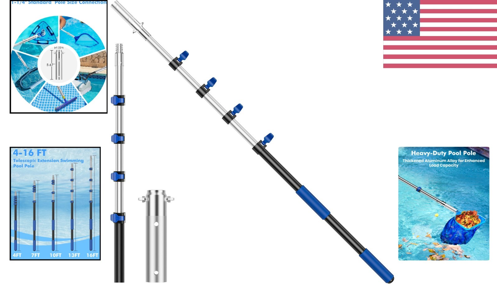 16FT Telescoping Pool Pole – Effortless Adjustment and Comfortable Grip