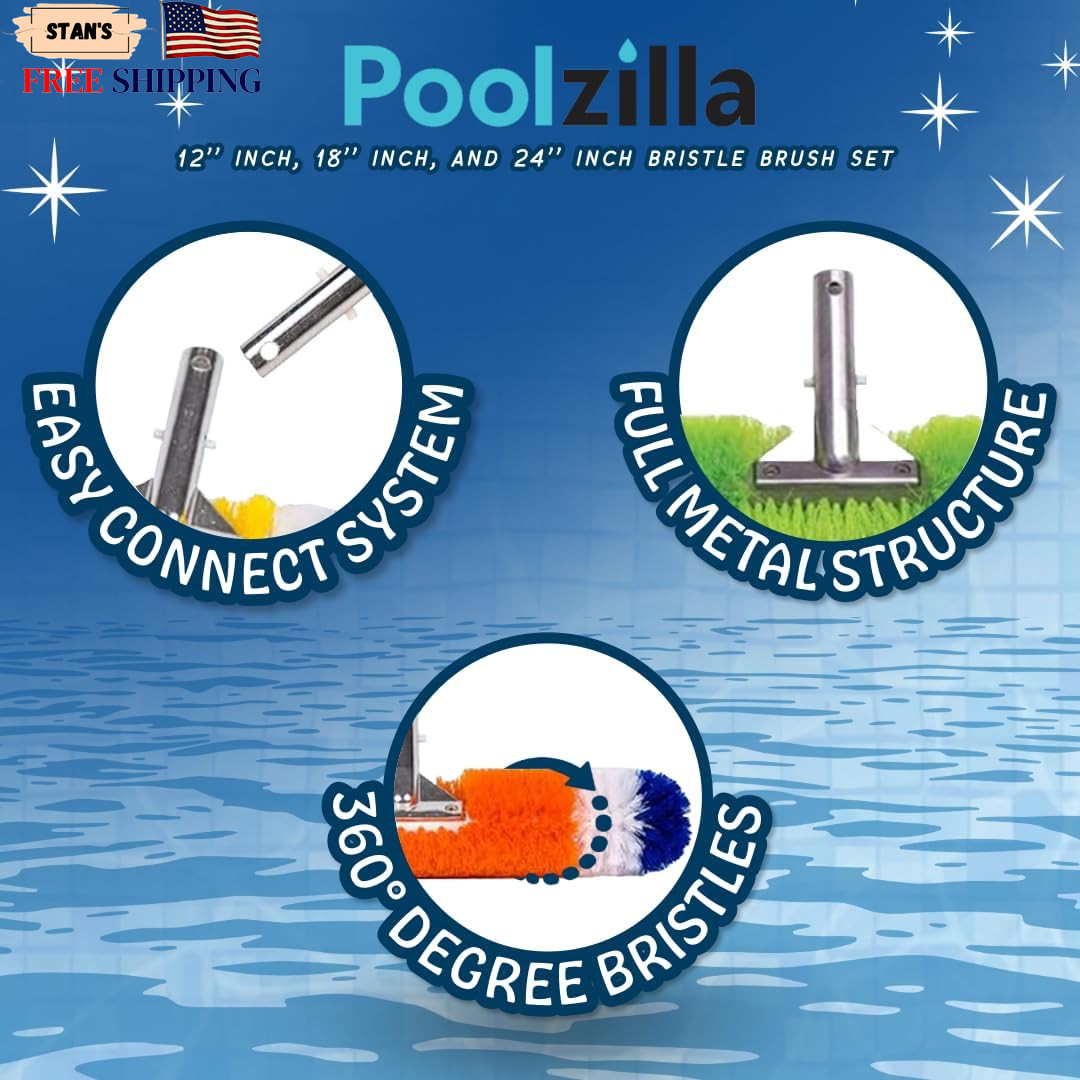 Pool Brushes for Pools, Spas & Hot Tubs 12&Prime;, 18&Prime;, 24&Prime; Sizes 3 Pack 360° NEW
