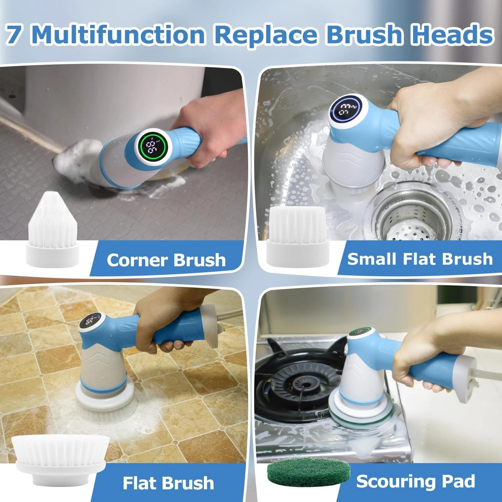 Electric Spin Scrubber IPX7 Waterproof, Power Scrubber with 7 Replacement#1008B