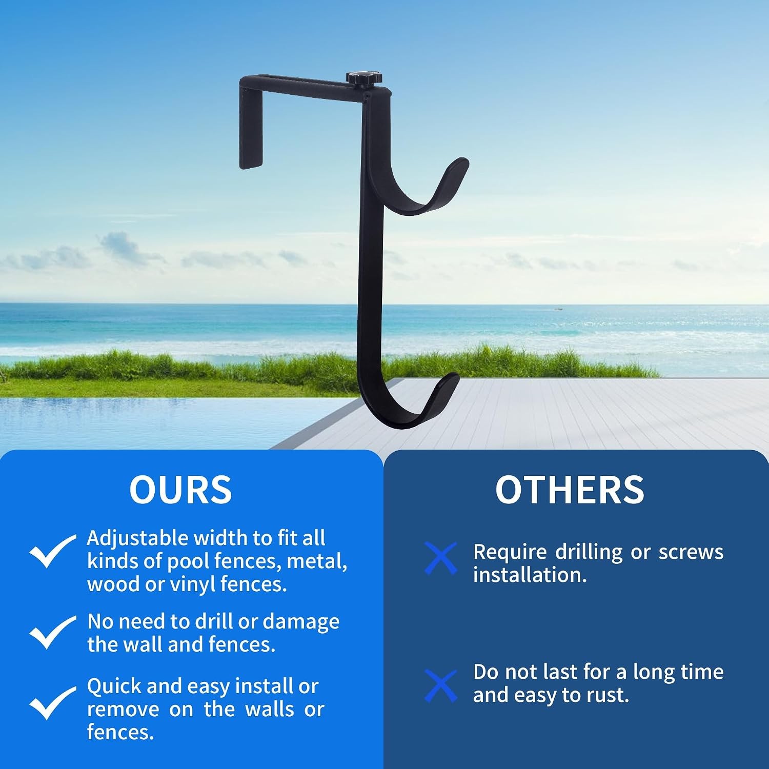 Heavy Duty Pool Pole Hangers Adjustable Hooks Poles Hoses Skimmers Black Fence