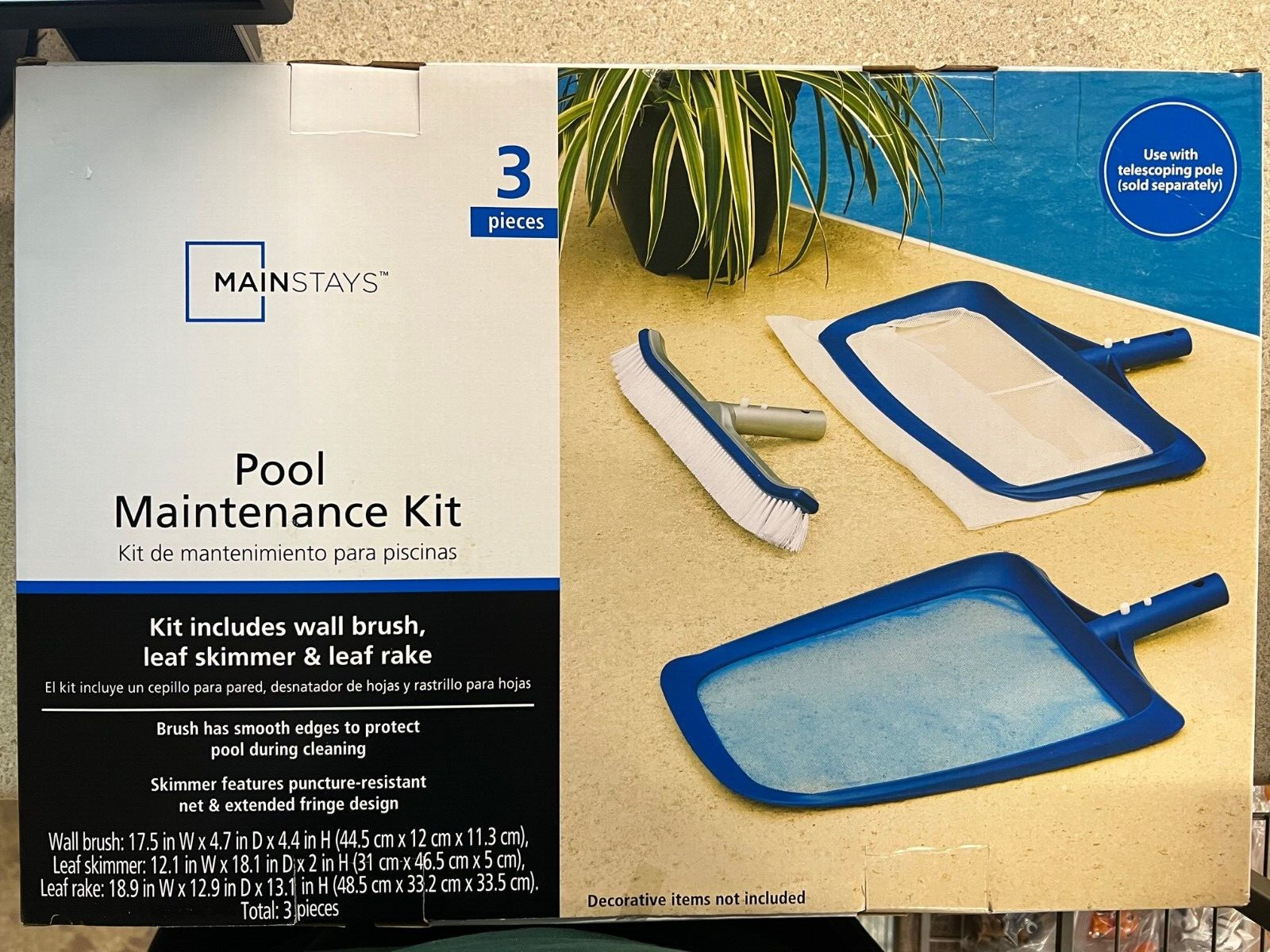 Mainstays Swimming Pool Maintenance Kit Leaf Skimmer Rake Wall Brush New