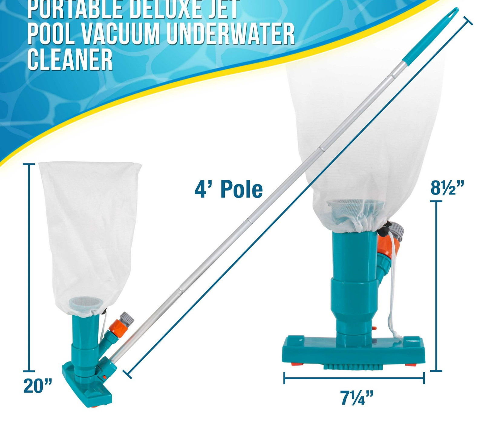 Jet Pool Vacuum Cleaner w/ 5 Section Pole Leaf Bag for Pools & Spas