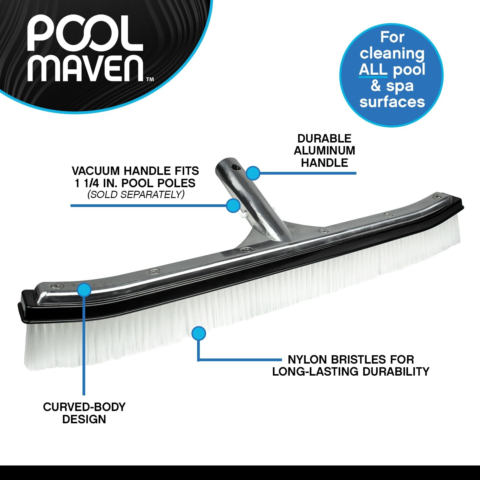 18Inch Pool Wall Brush Aluminum Back, Nylon Bristles for Inground Pools