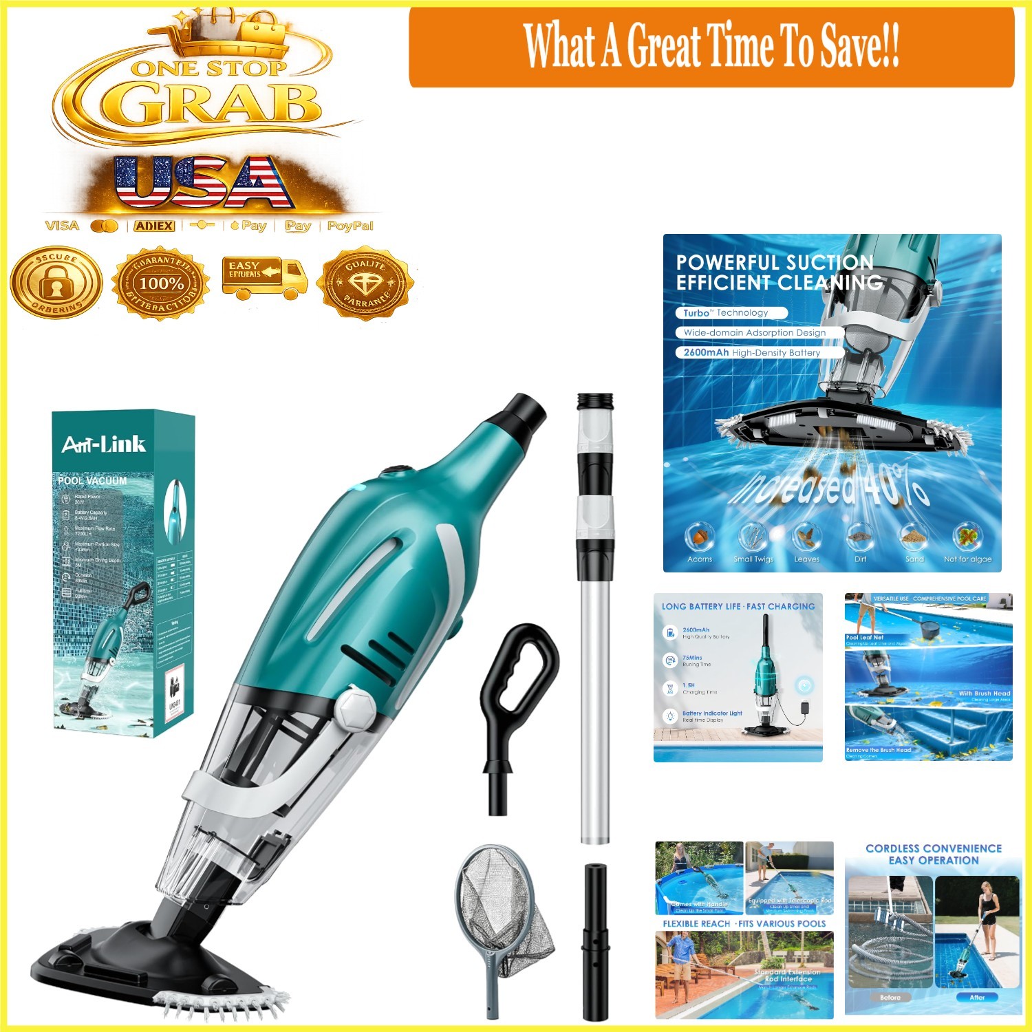 Rechargeable Handheld Pool Vacuum Cleaner 75Min Suction Leaf Sand Hot Tubs
