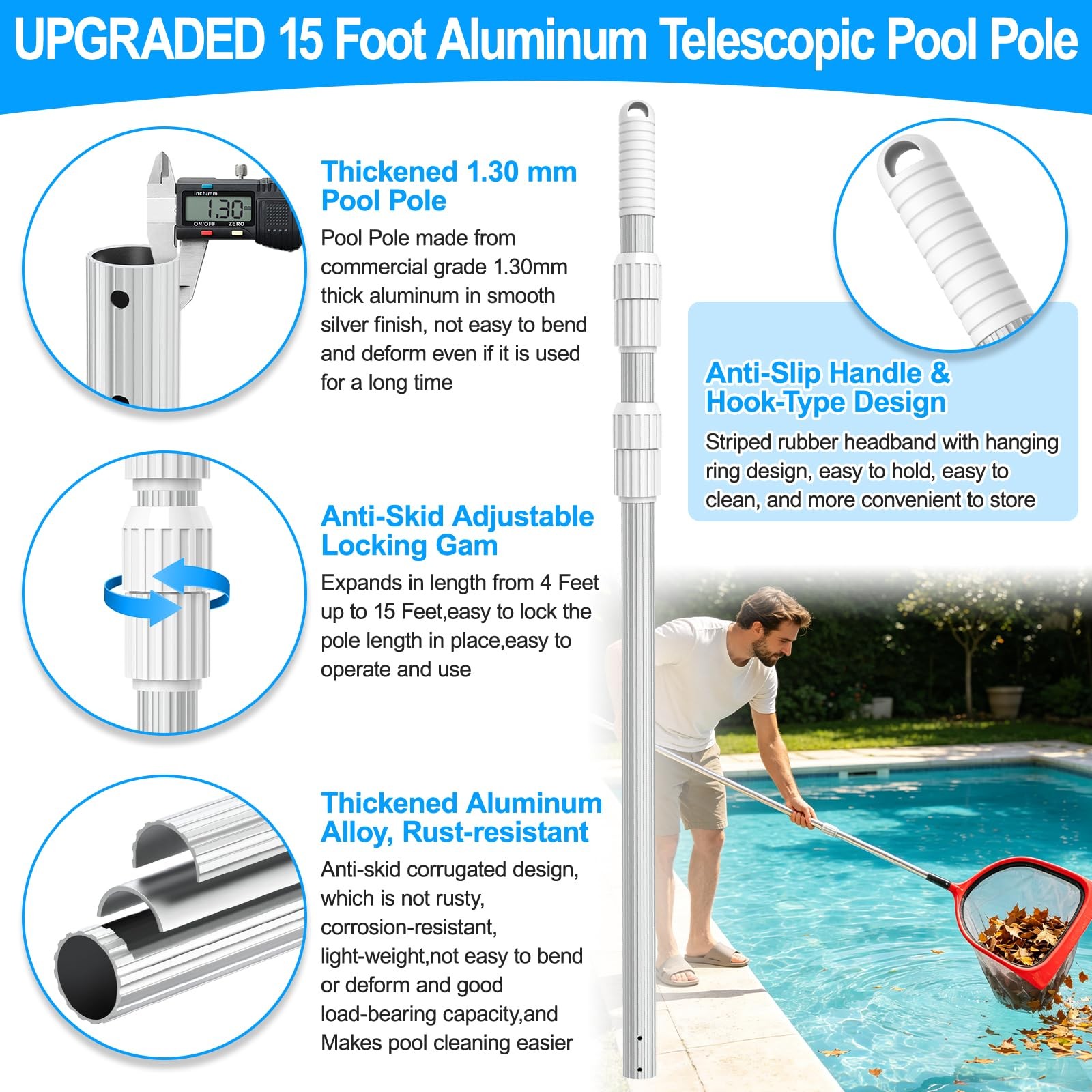 UPGRADED Pool Pole 15 Foot Telescopic Swimming Pool Poles,Telescopic Pool Cle…