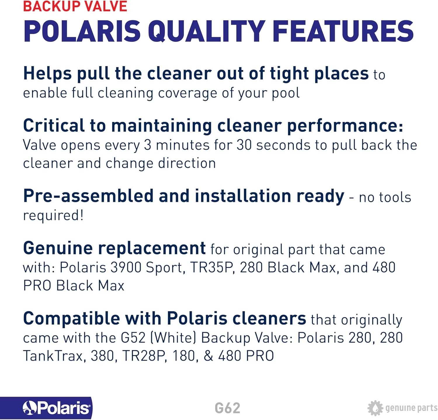Polaris G62 Back-Up Valve Black 280 380 480 Pro