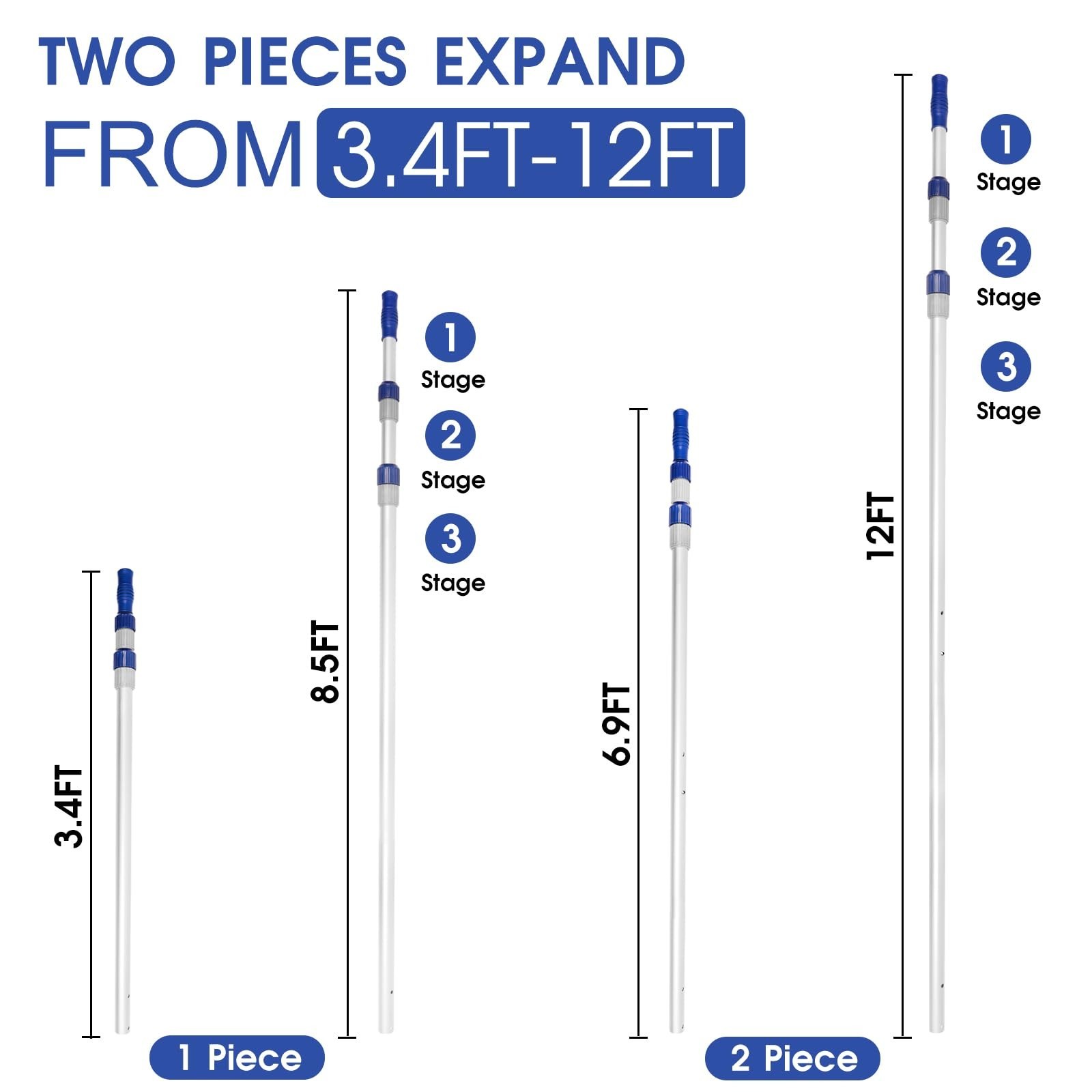 12FT Adjustable Telescopic Pool Cleaning Pole – Aluminum Skimmer Net & Vacuum To